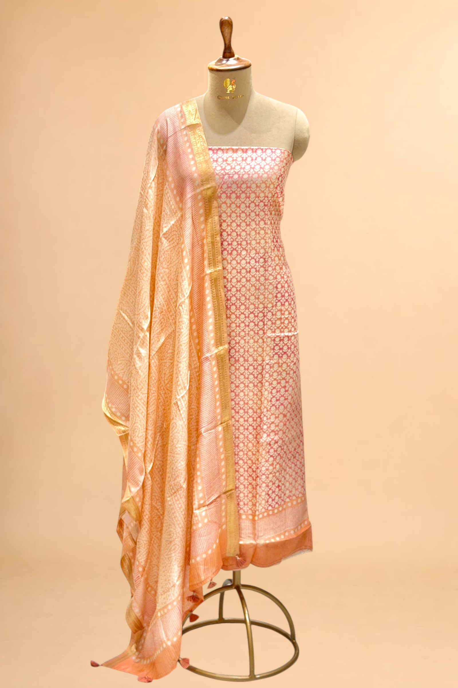 Blush Pink Block Printed Chanderi Suit Set with Bandhani Style Printed Dupatta