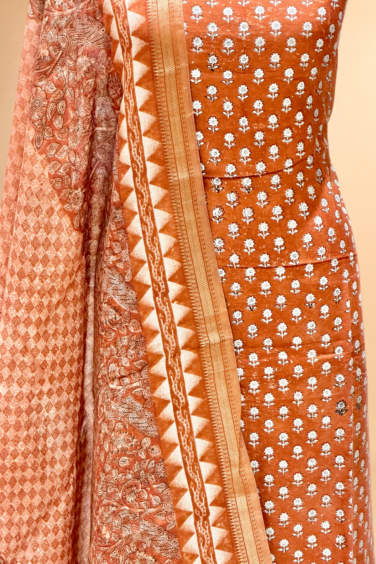 Rust Orange Block Printed Chanderi Suit Set with Printed Dupatta
