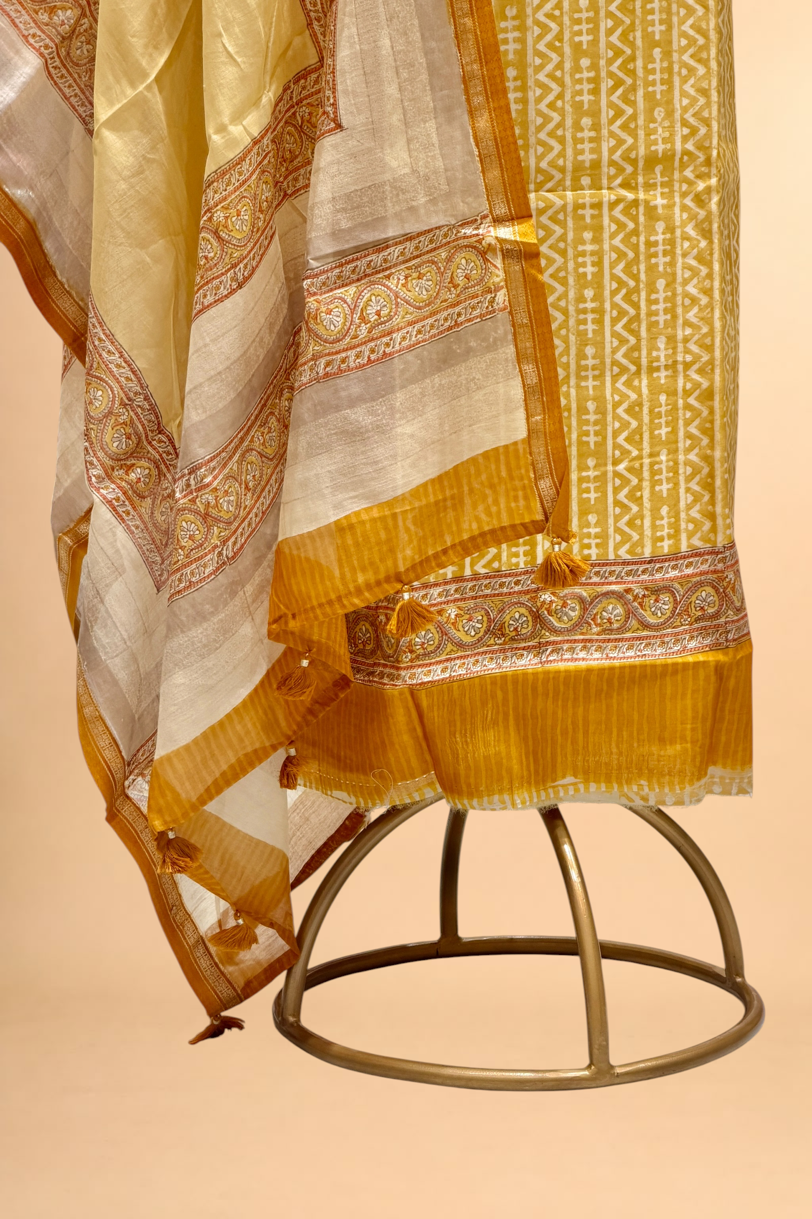 Mustard Yellow Block Printed Chanderi Suit Set with Floral Border Dupatta