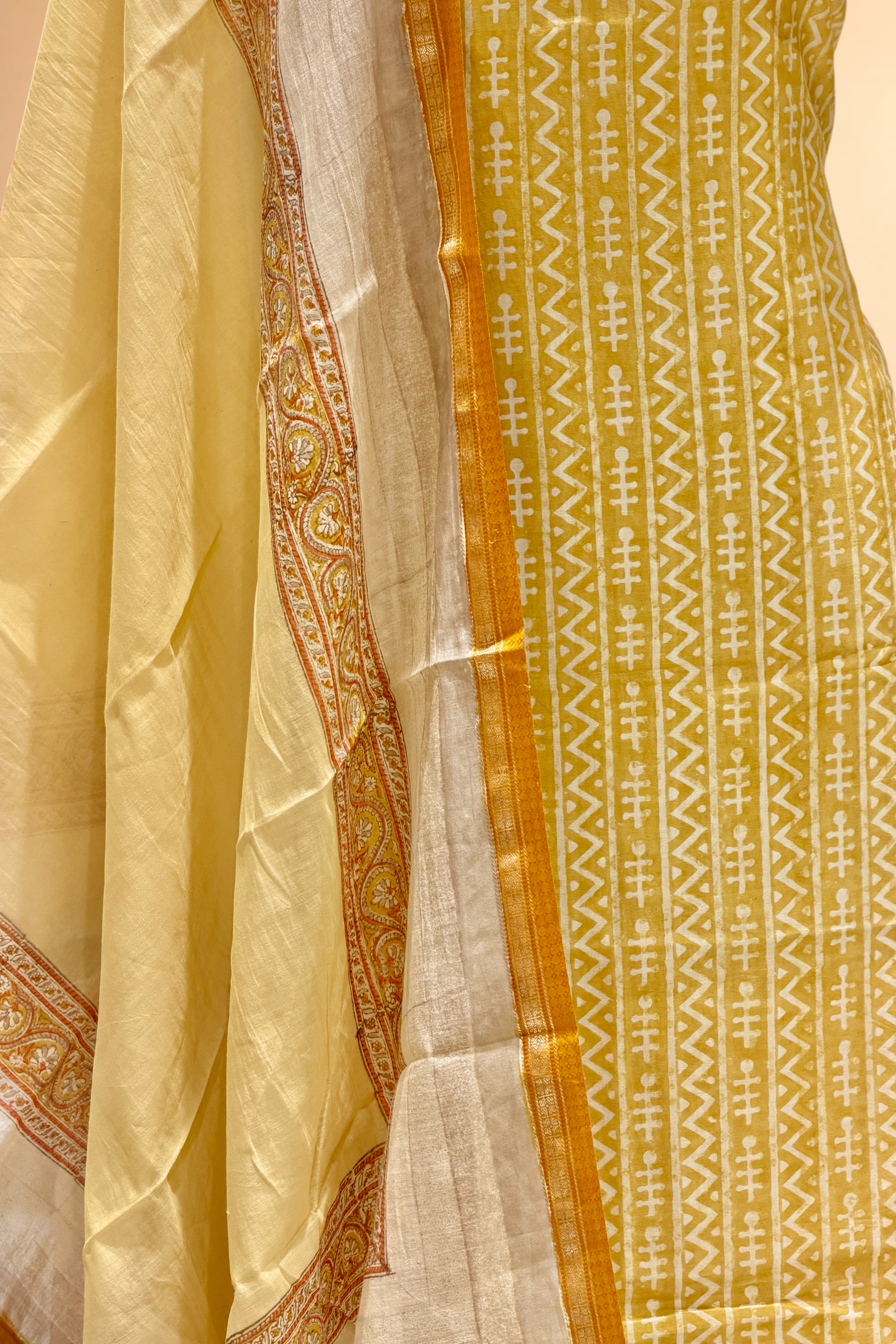 Mustard Yellow Block Printed Chanderi Suit Set with Floral Border Dupatta