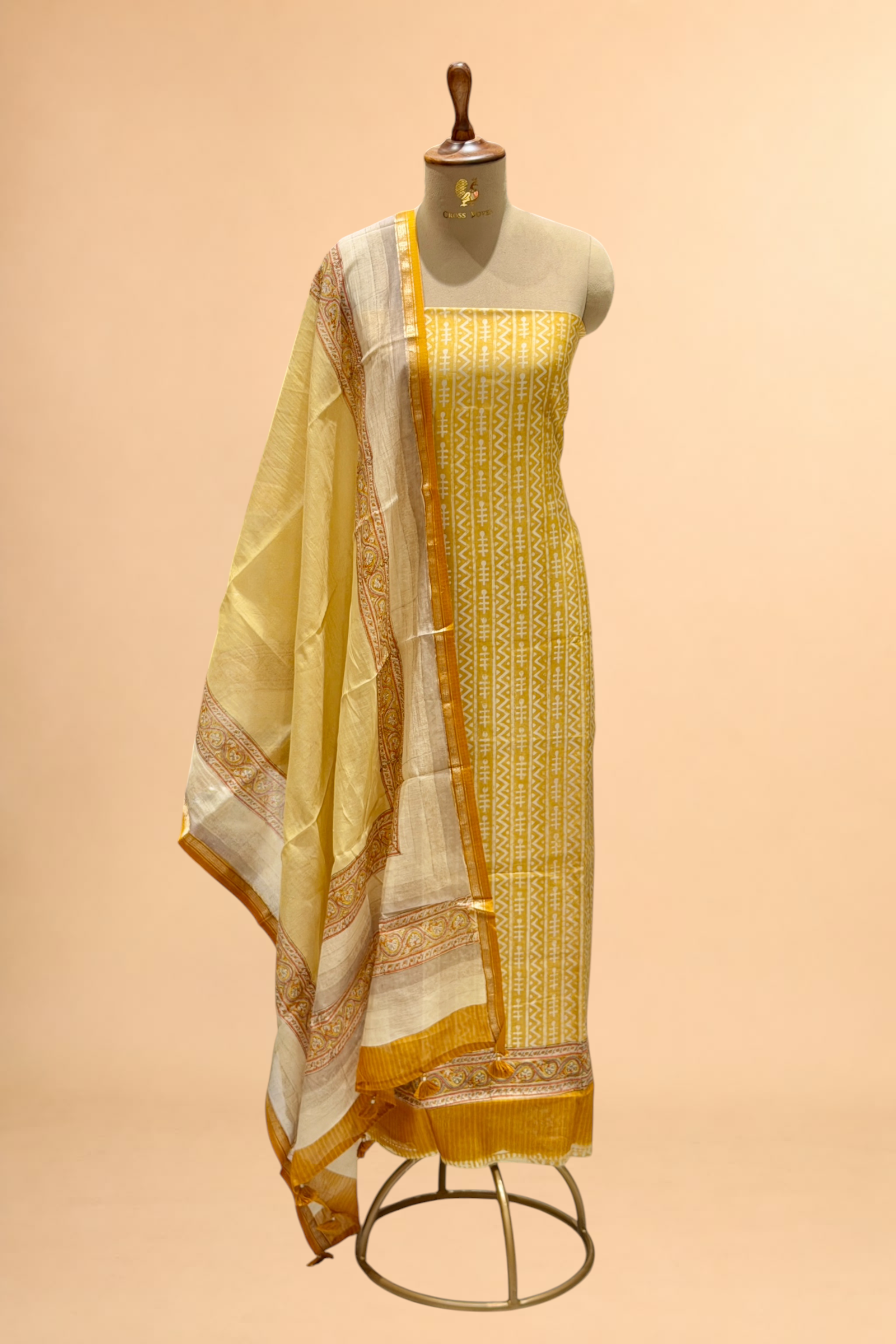 Mustard Yellow Block Printed Chanderi Suit Set with Floral Border Dupatta