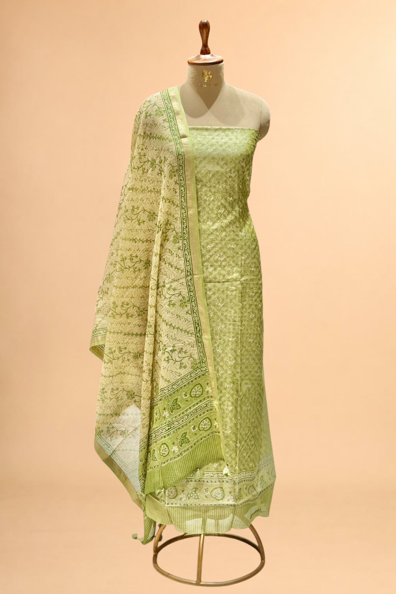 Green Block Printed Chanderi Suit Set with Floral Dupatta
