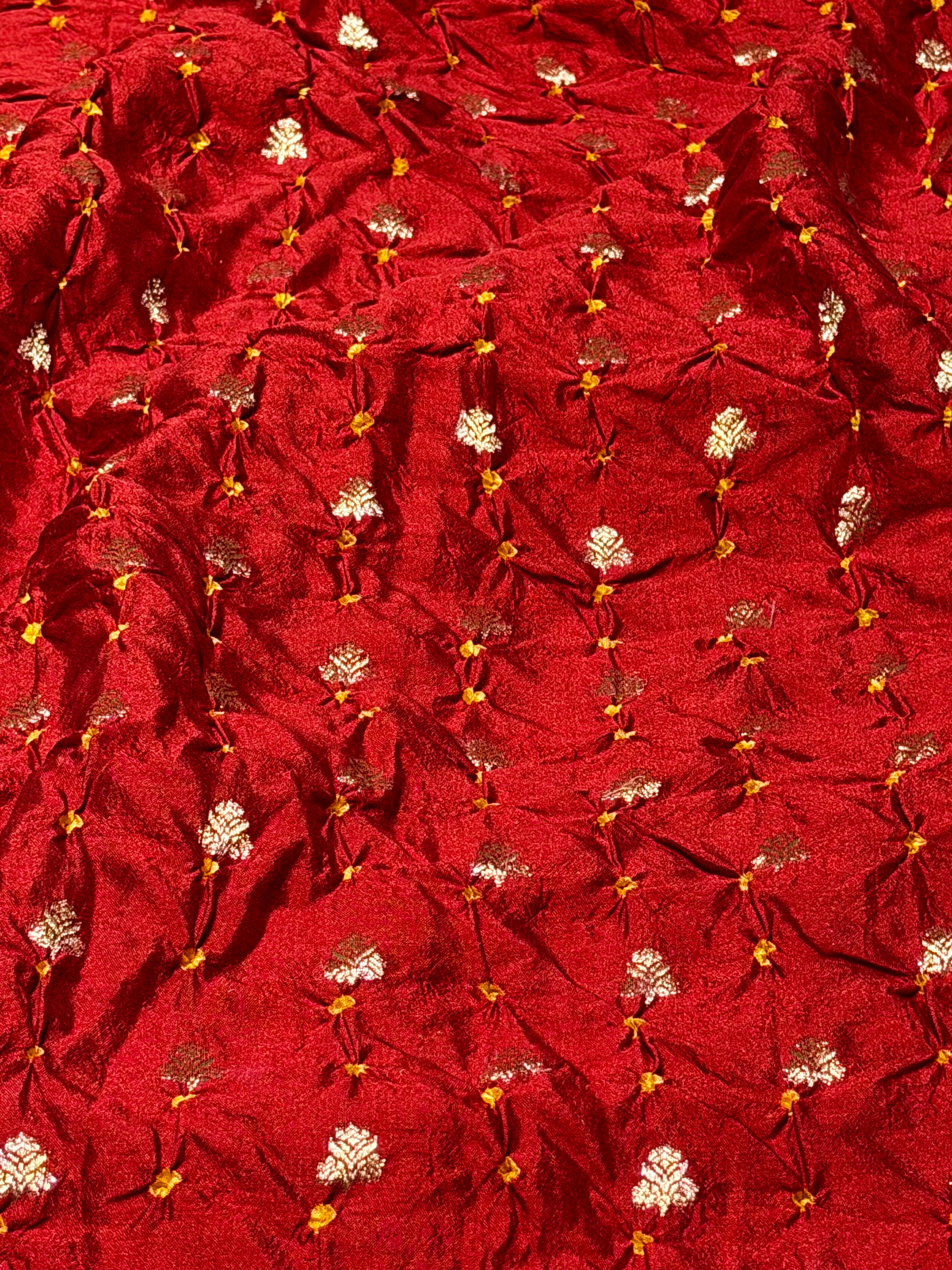 Deep Red Chiniya Silk Fabric With Bandhani