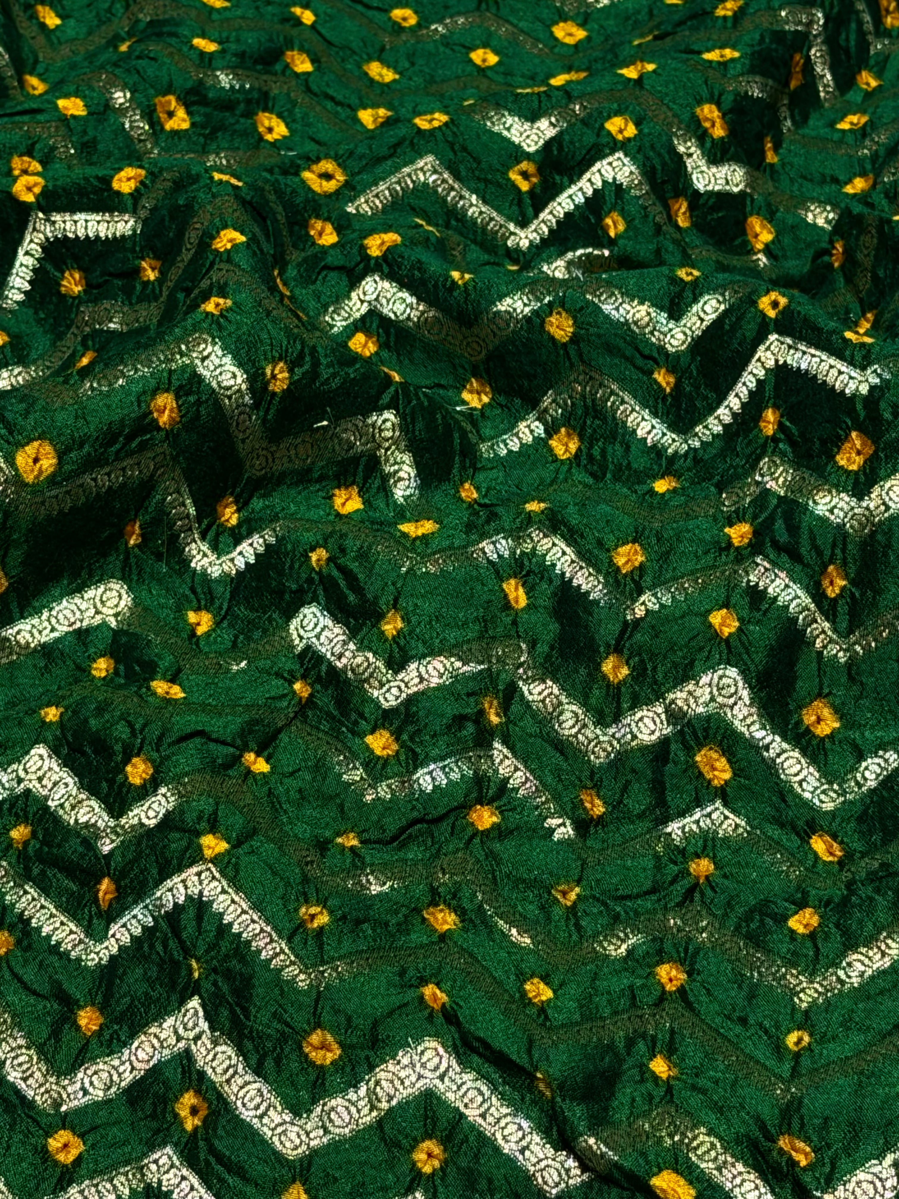 Bottle Green Chiniya Silk Fabric With Bandhani