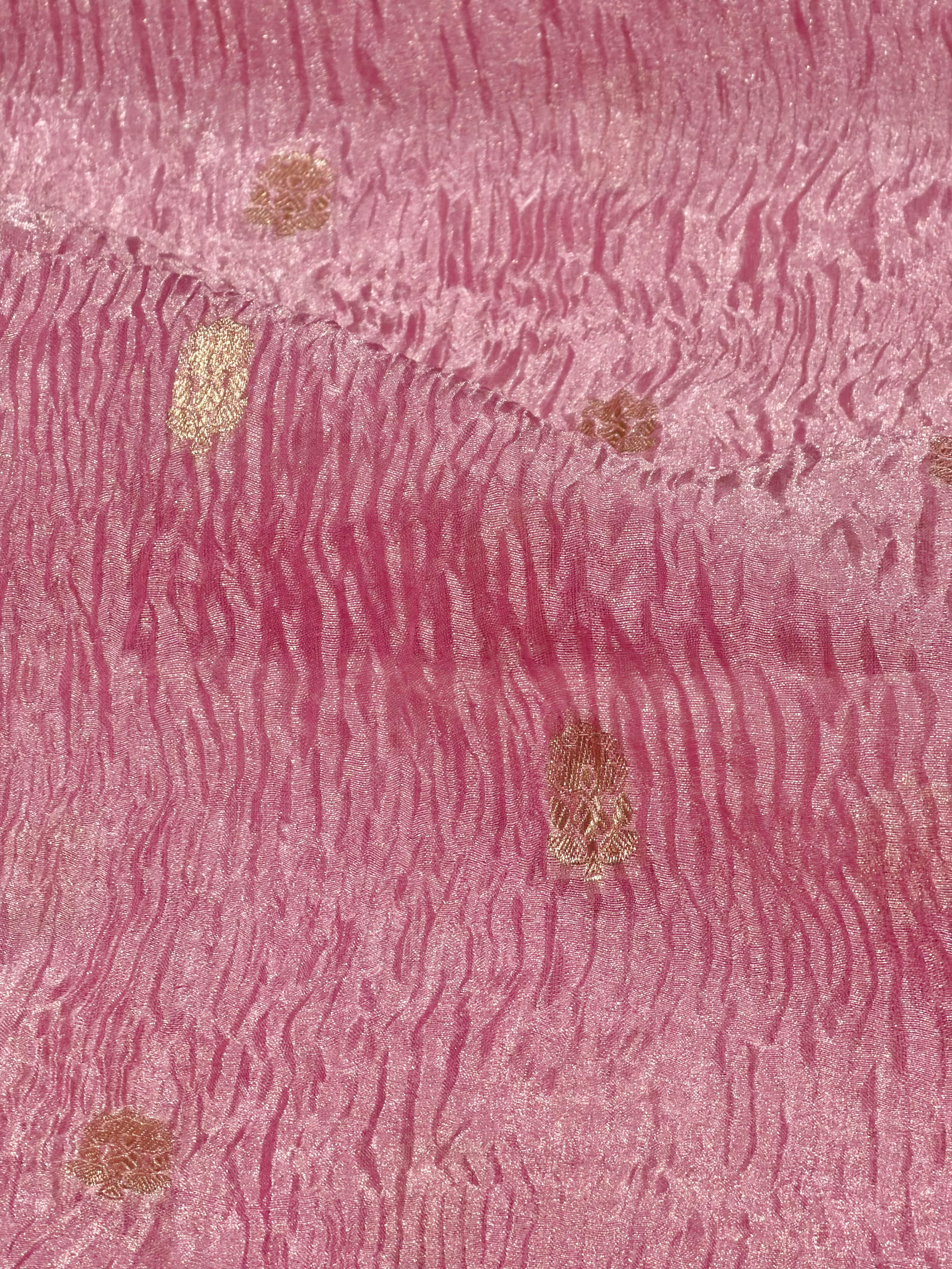 Rose Gold Crushed Tissue Fabric with Gold Zari Floral Motifs