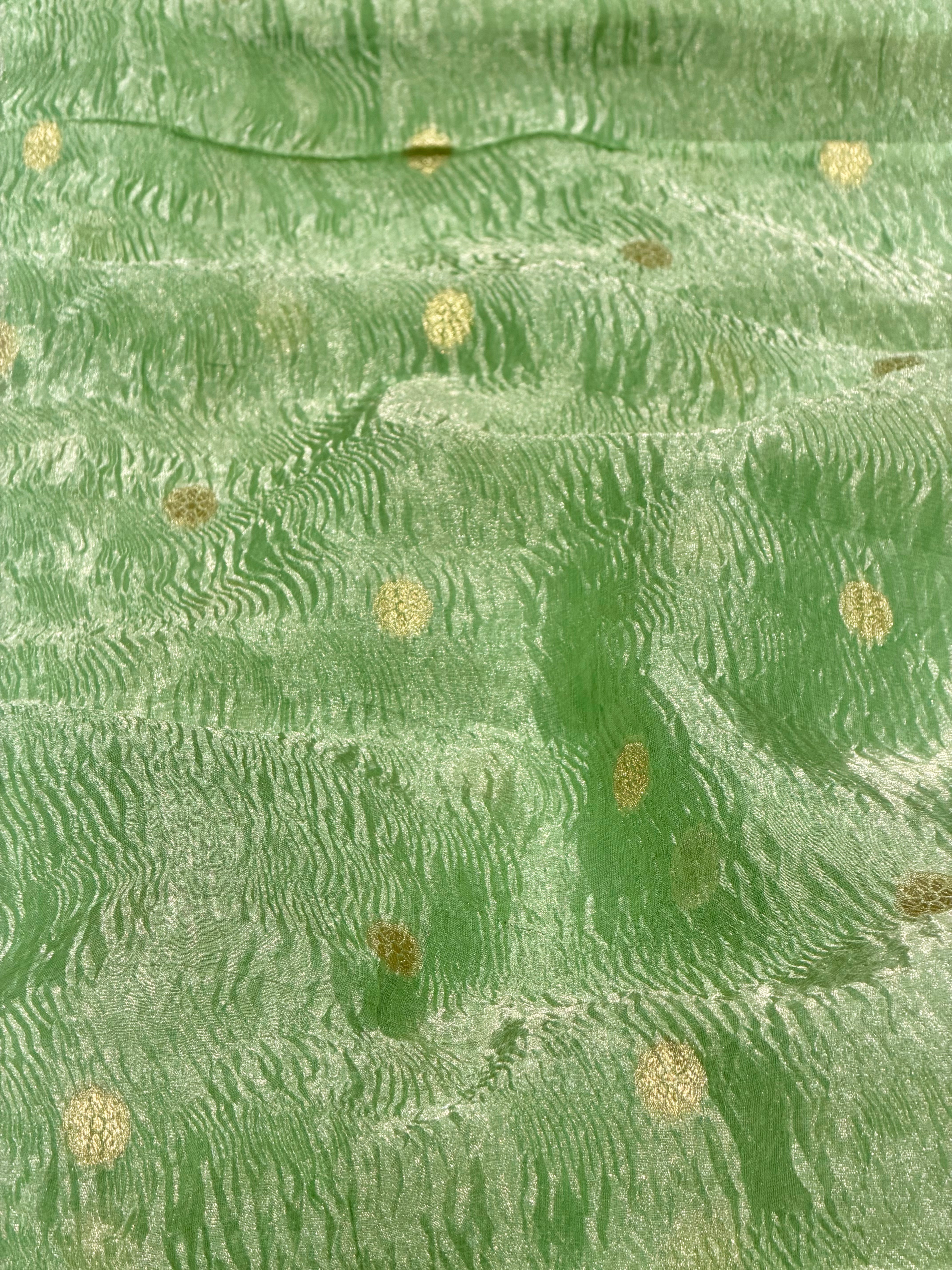 Pastel Green Crushed Tissue Fabric with Gold Zari Floral Motifs