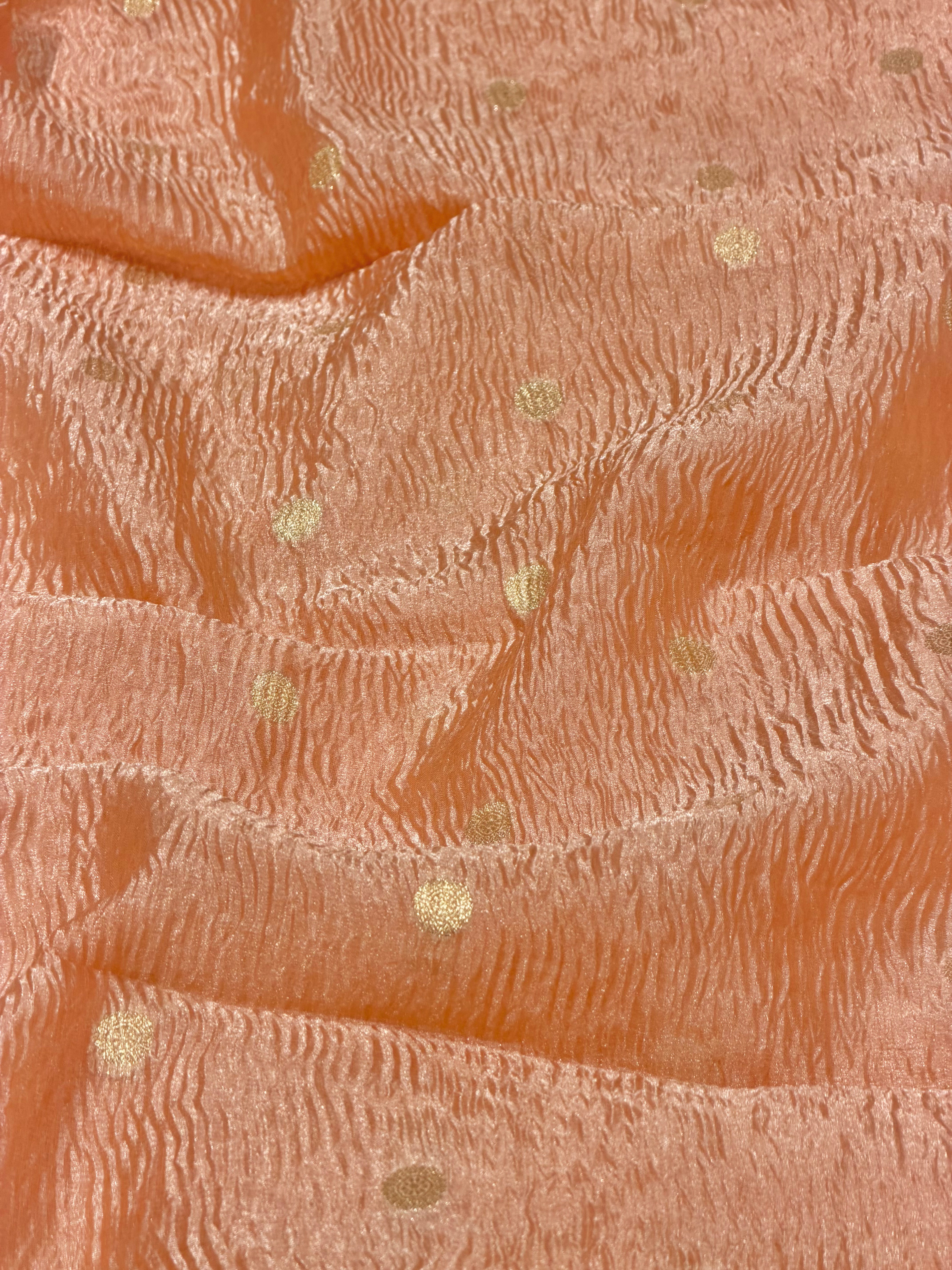 Peach Gold Crushed Tissue Fabric with Gold Zari Floral Motifs