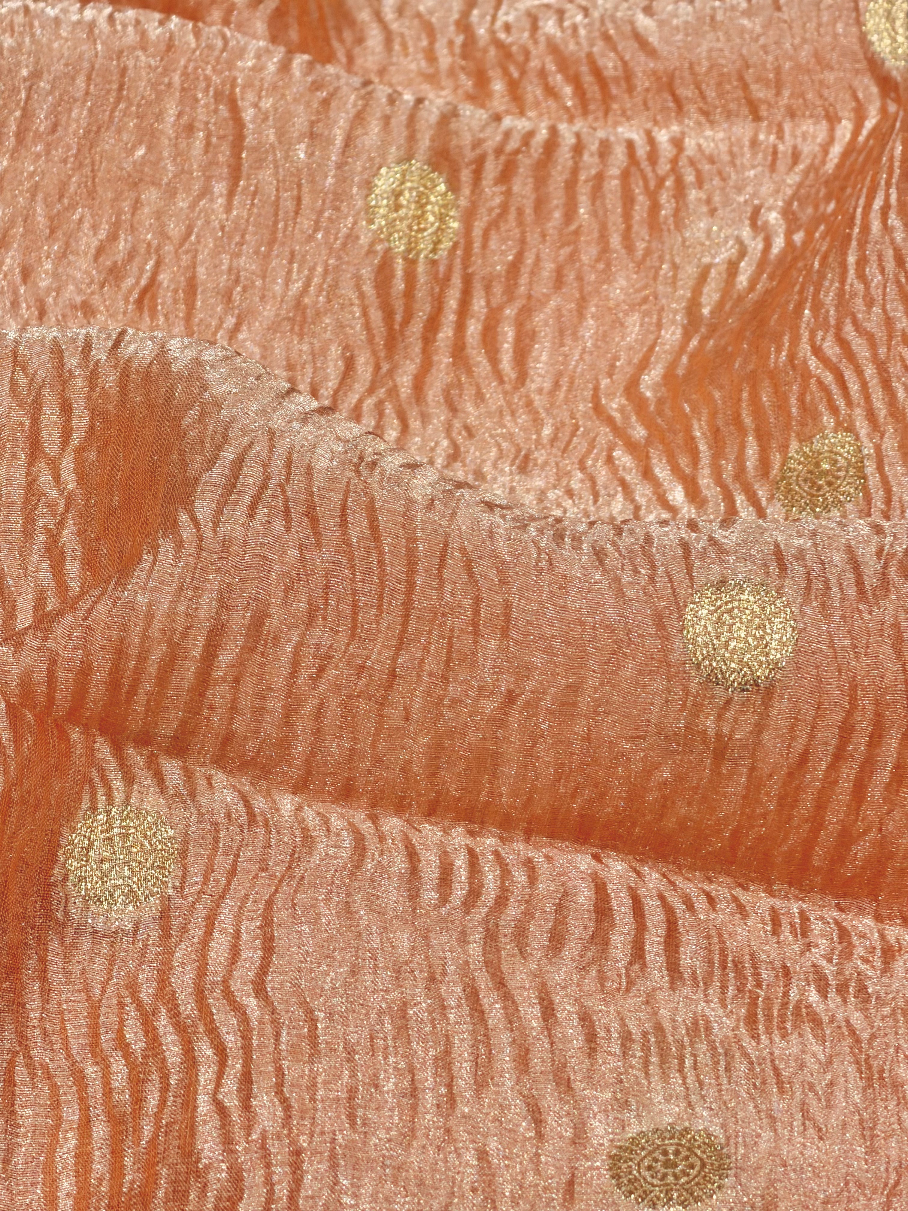 Peach Gold Crushed Tissue Fabric with Gold Zari Floral Motifs