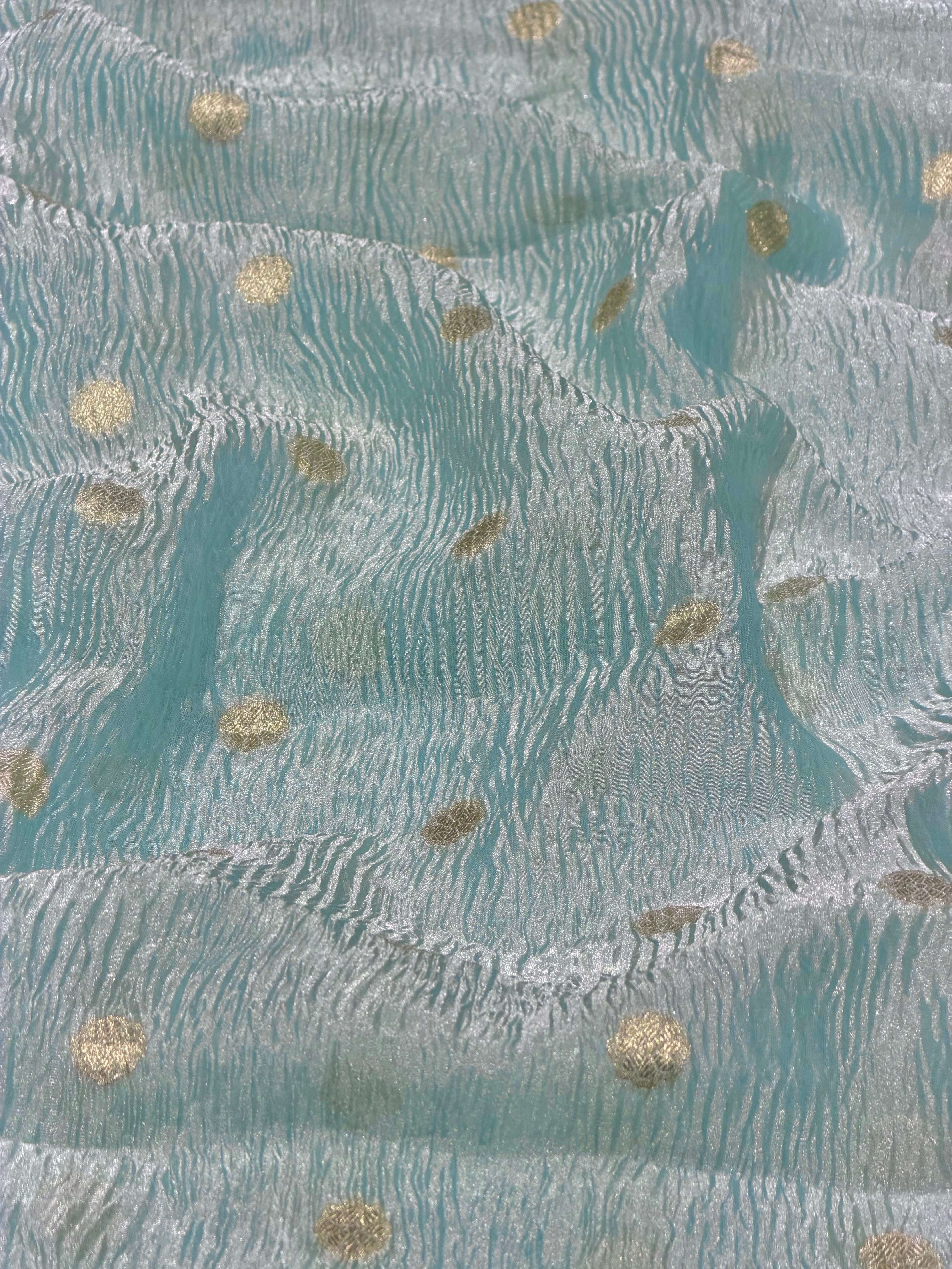 Ice Blue Crushed Tissue Fabric with Gold Zari Polka Motifs
