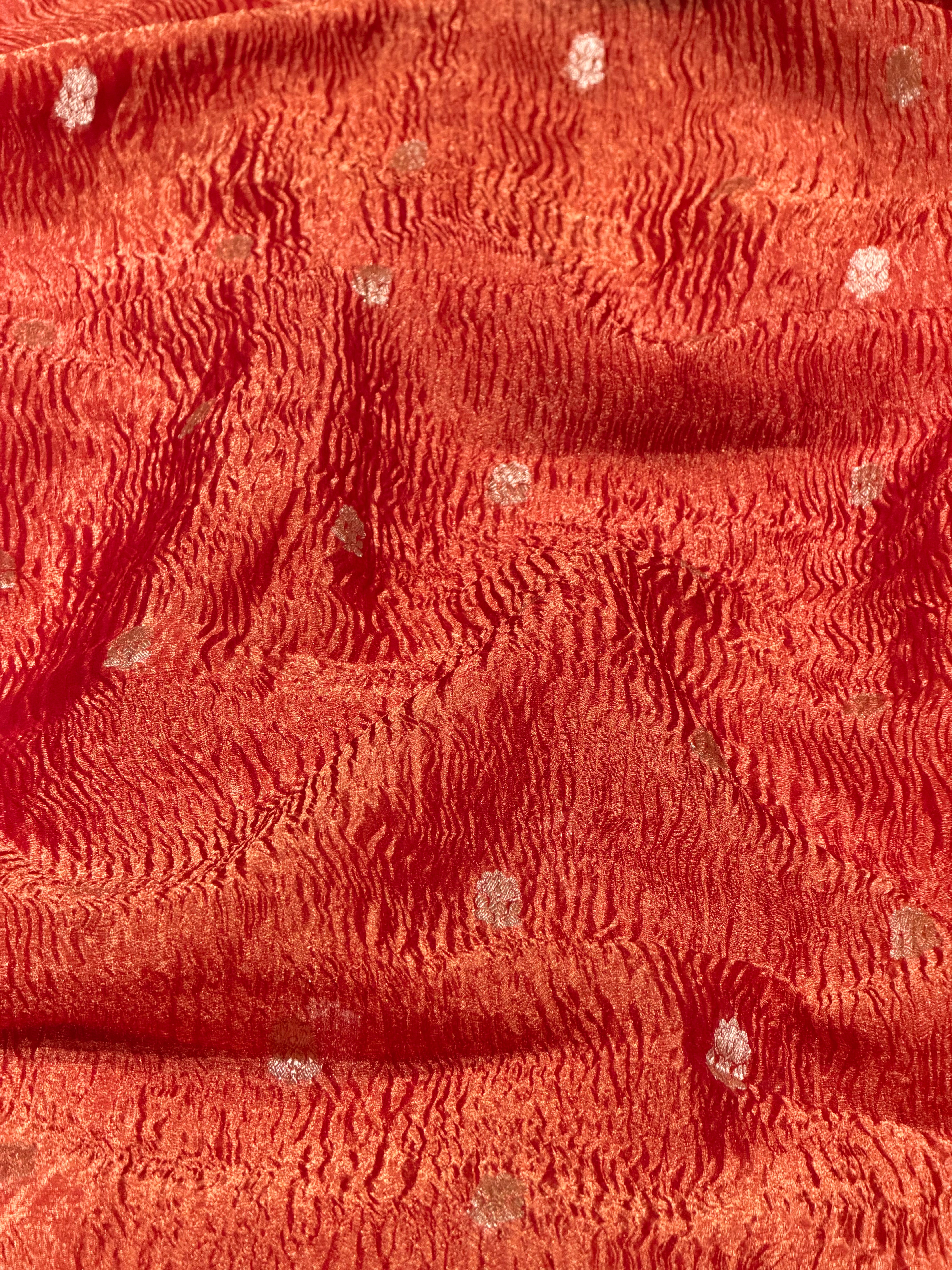 Rust Red Crushed Tissue Fabric with Gold Zari Floral Motifs
