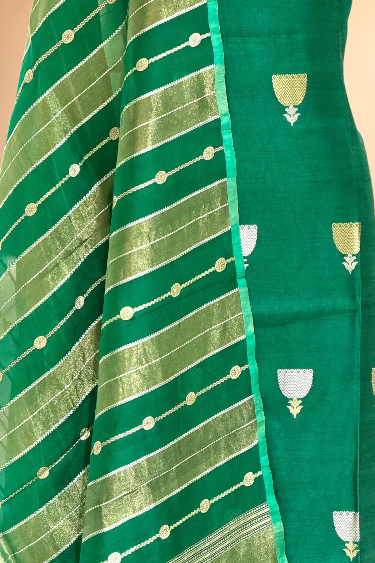 Green Pure Chiniya Silk Suit Set with Oranza Dupatta