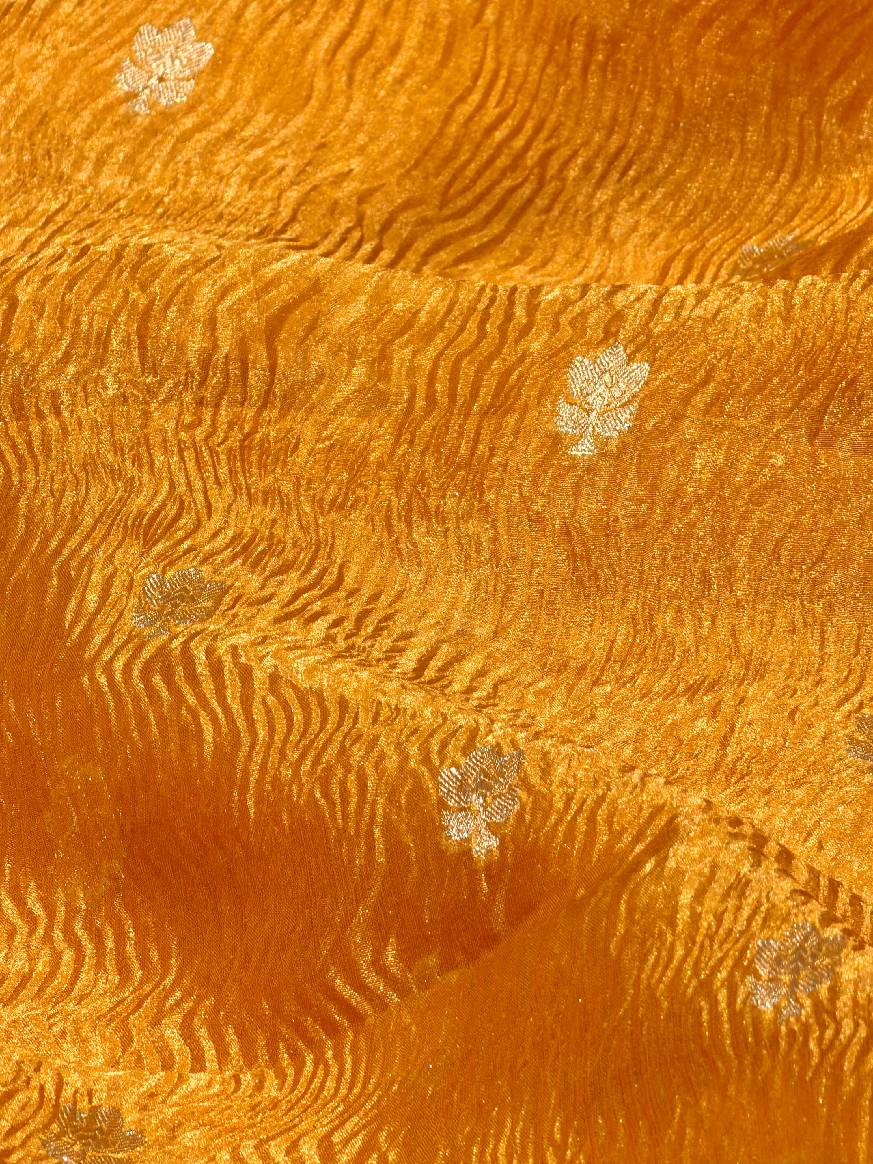 Mustard Gold Crushed Tissue Fabric with Gold Zari Floral Motifs