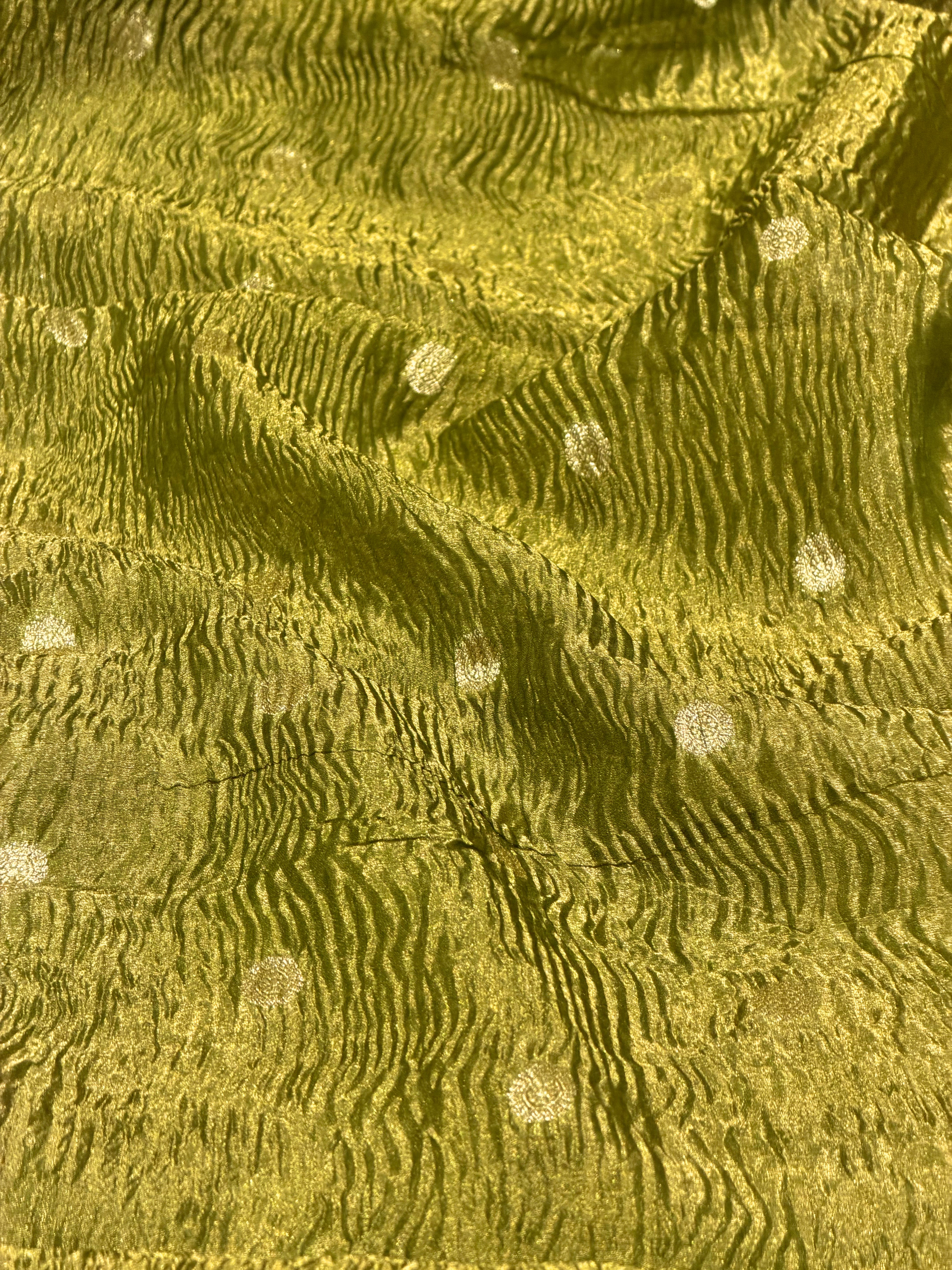 Olive Gold Crush Tissue Fabric with Gold Zari Polka Motifs