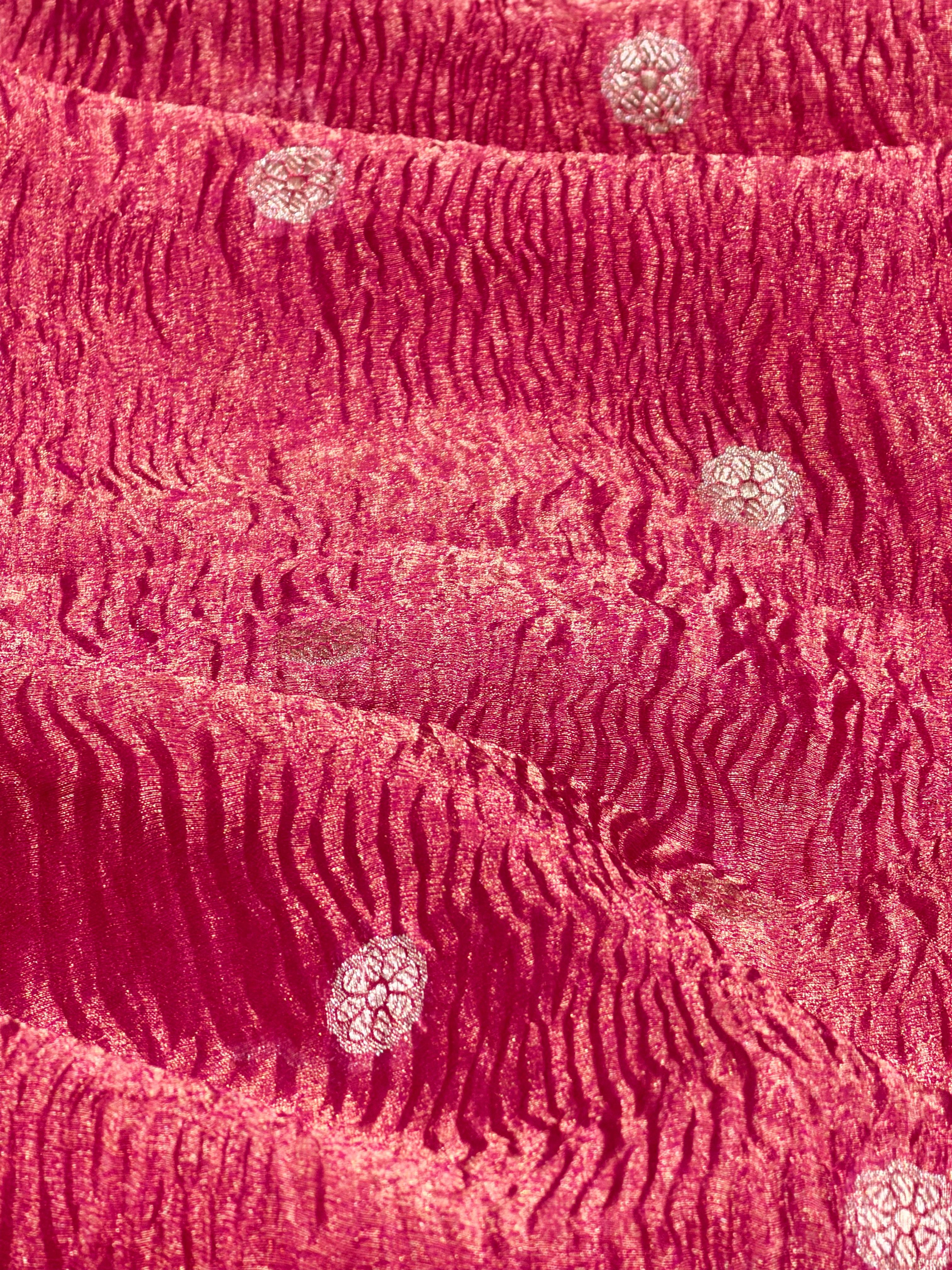 Rani Pink Crushed Tissue Fabric with Gold Zari Polka Motif