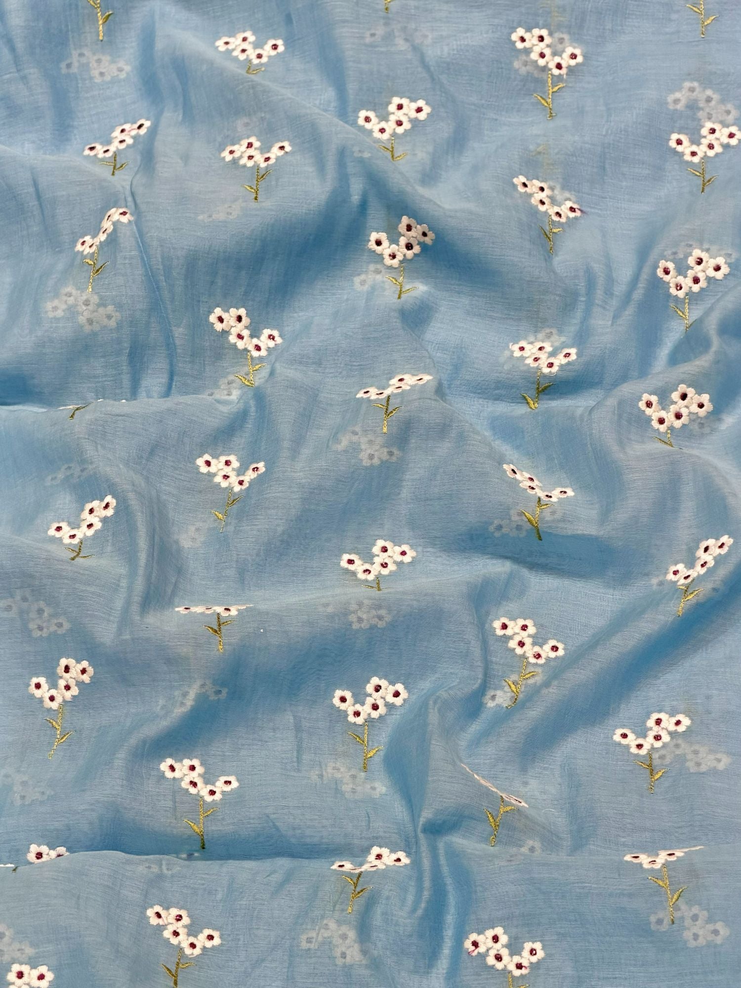 Powder Blue Mul Fabric with Floral Embroidered Motif
