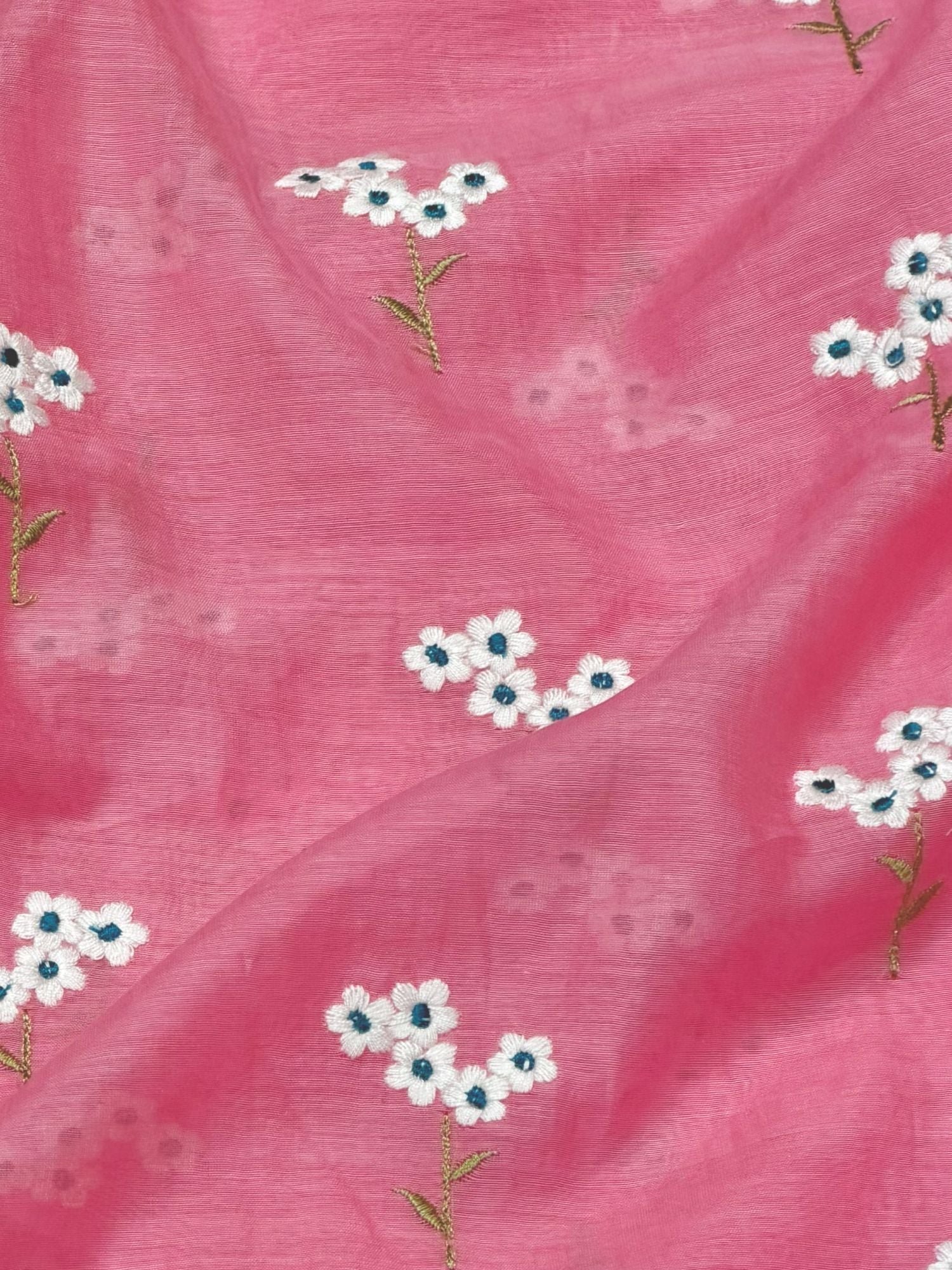 Fuchsia Pink Mul Fabric with Floral Embroidered Motif