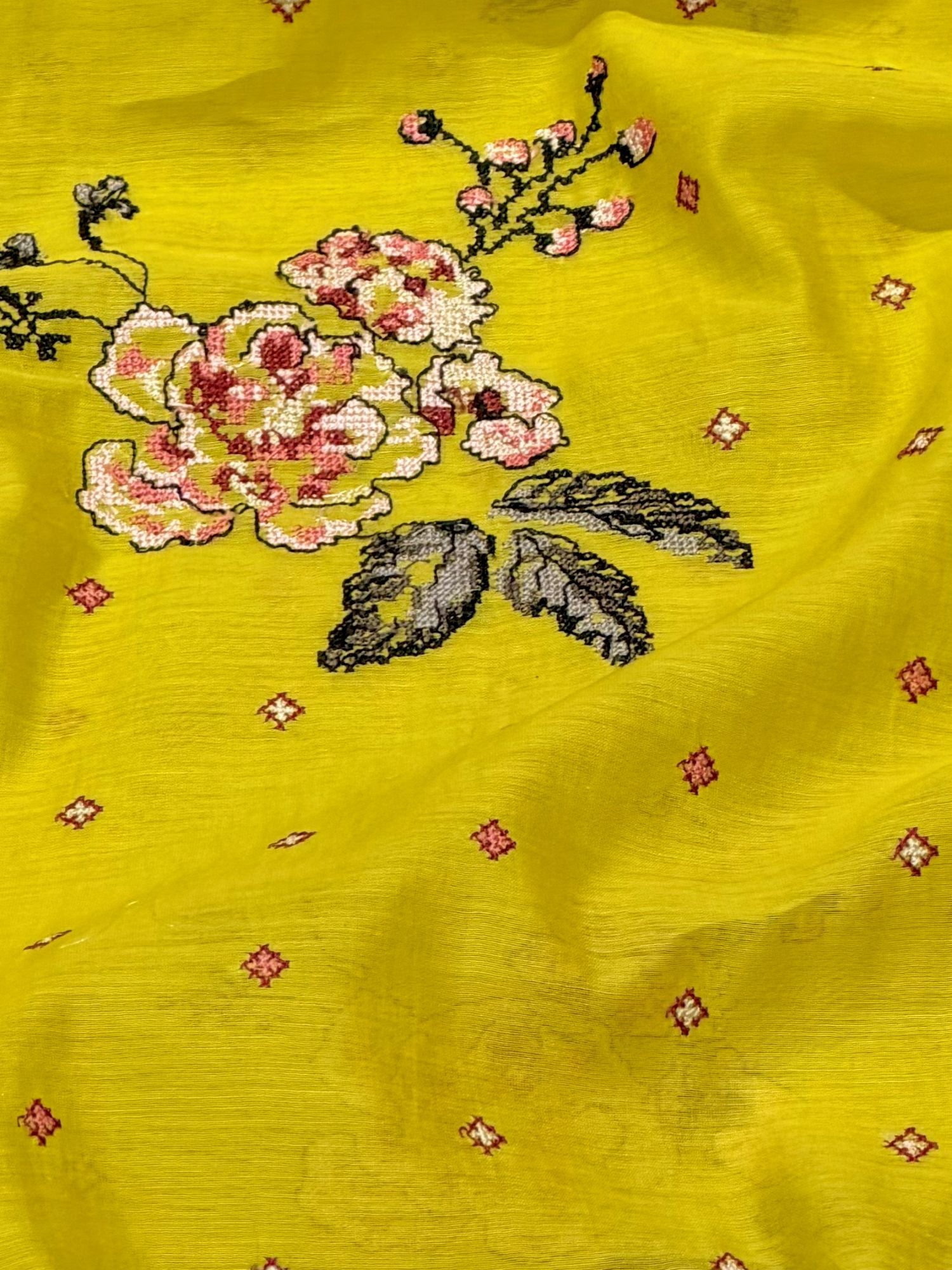 Vibrant Yellow Mul Fabric Floral Bouquet Embroidered Motif