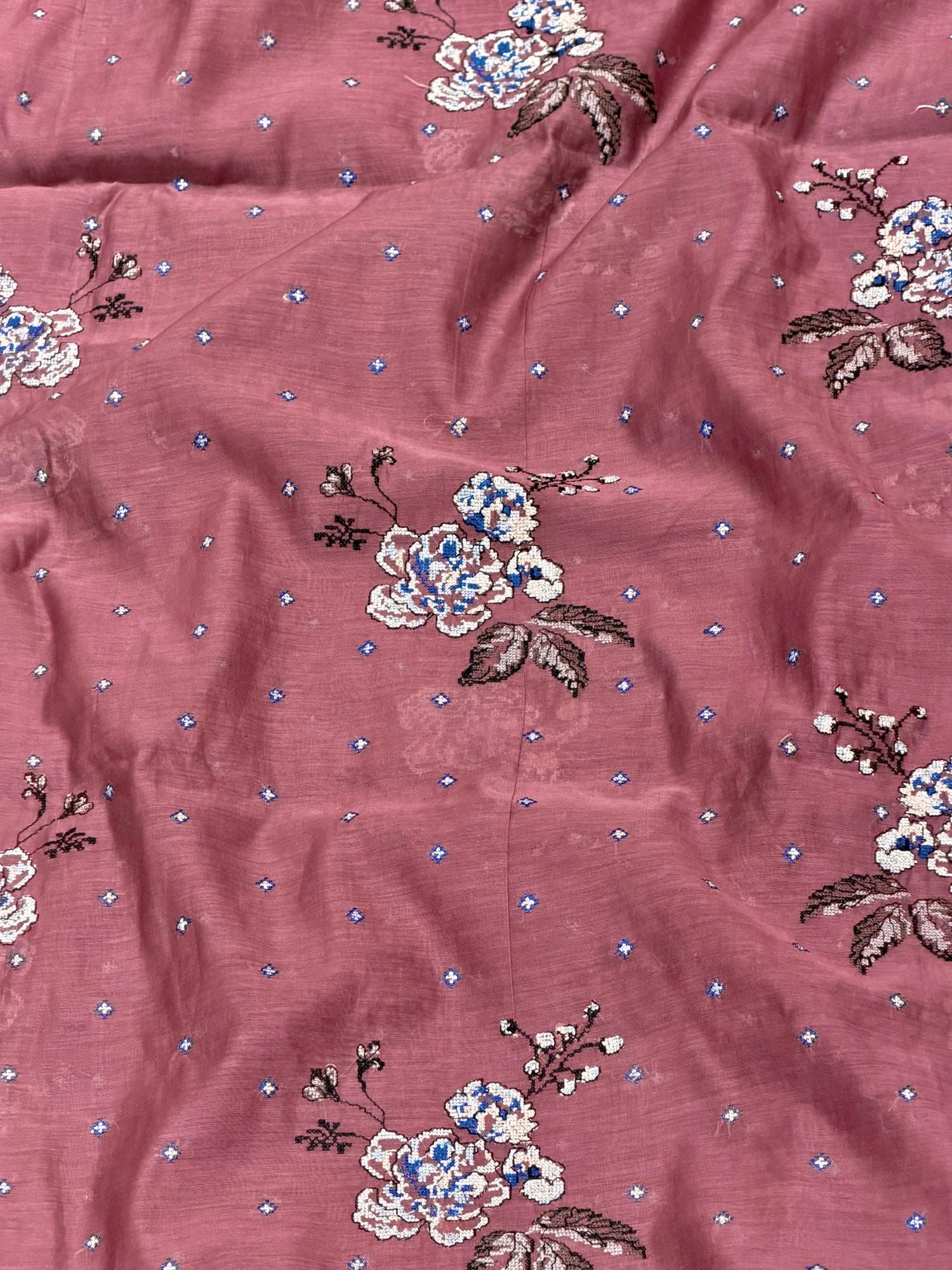 Dusty Rose Mul Fabric Floral Bouquet Embroidered Motif