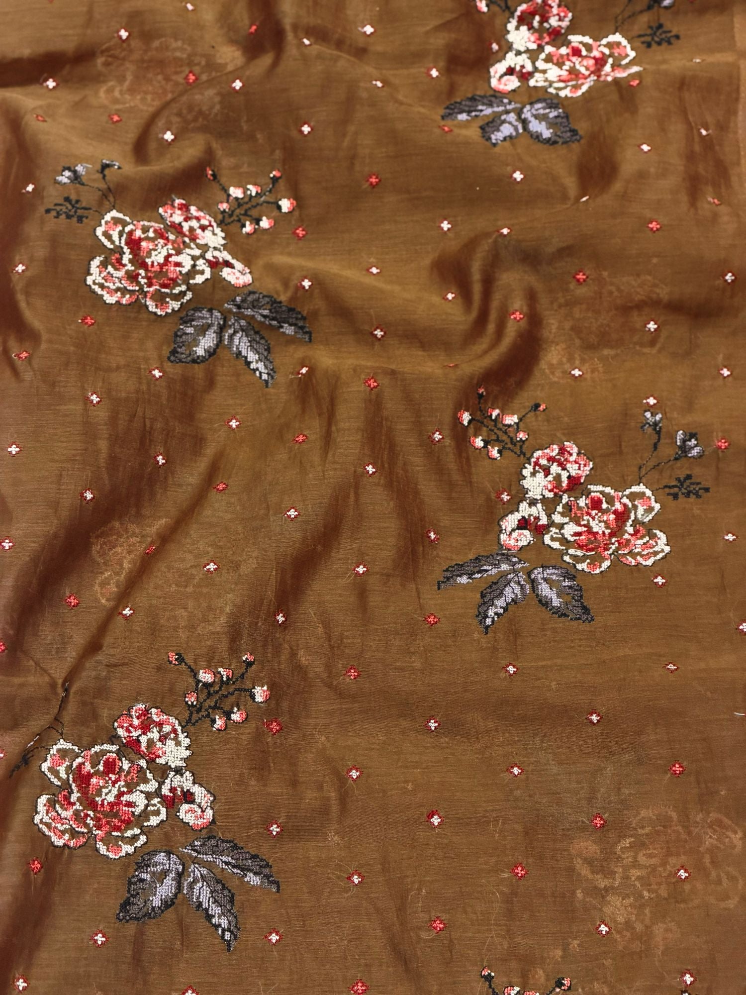 Mocha Brown Mul Fabric Floral Bouquet Embroidered Motif