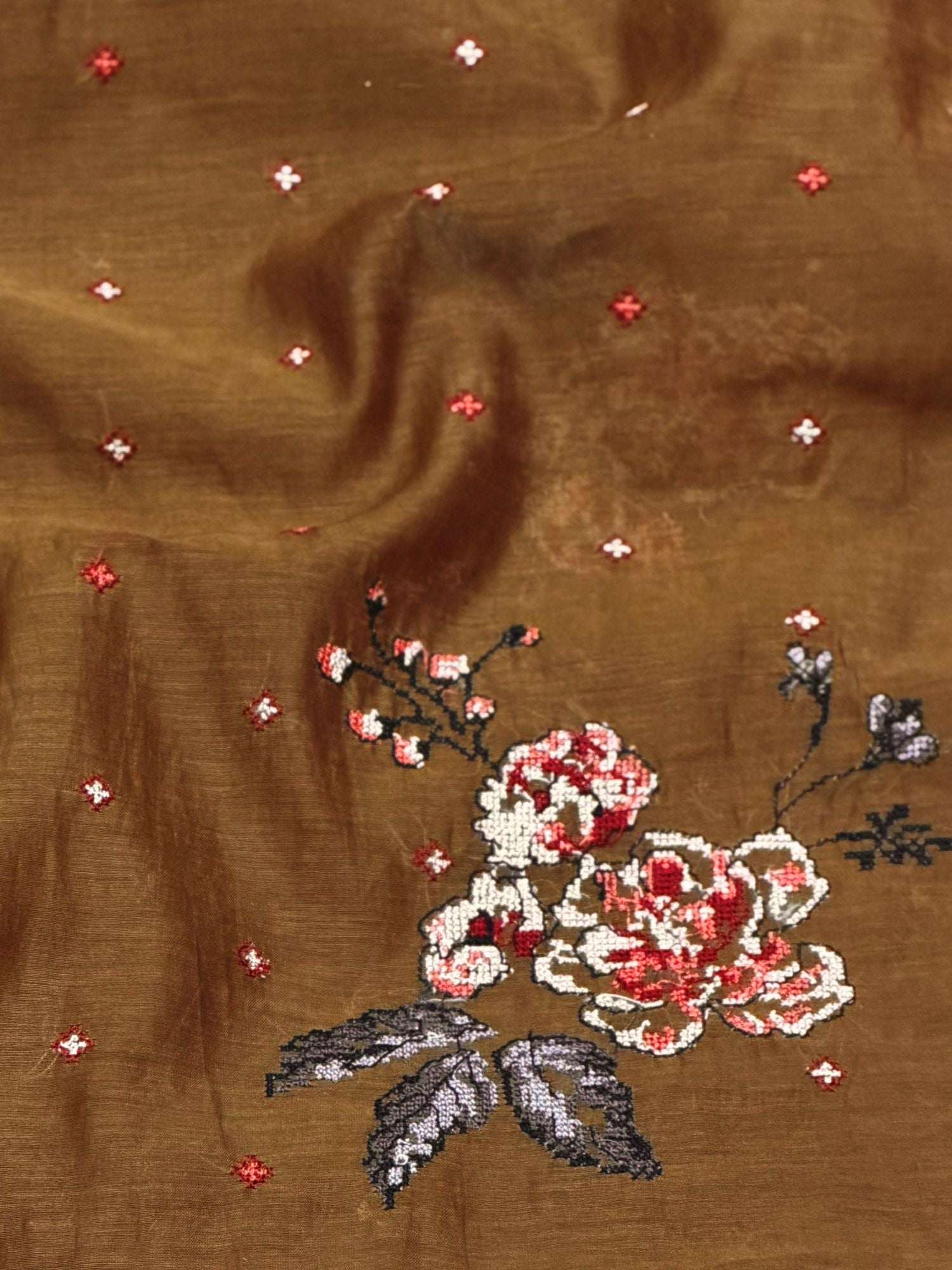 Mocha Brown Mul Fabric Floral Bouquet Embroidered Motif