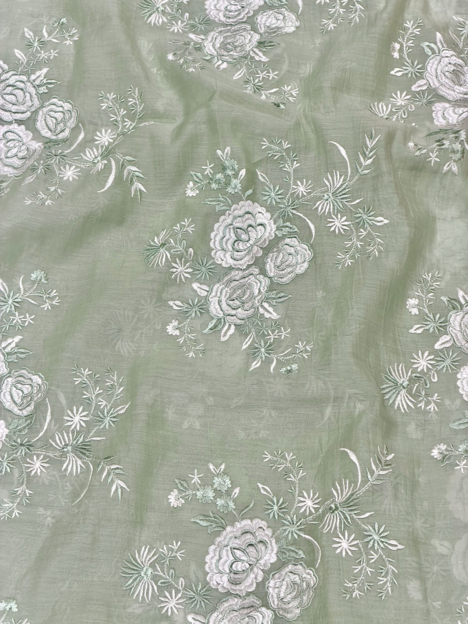 Sage Green Mul Fabric Floral Bouquet Embroidered Motif