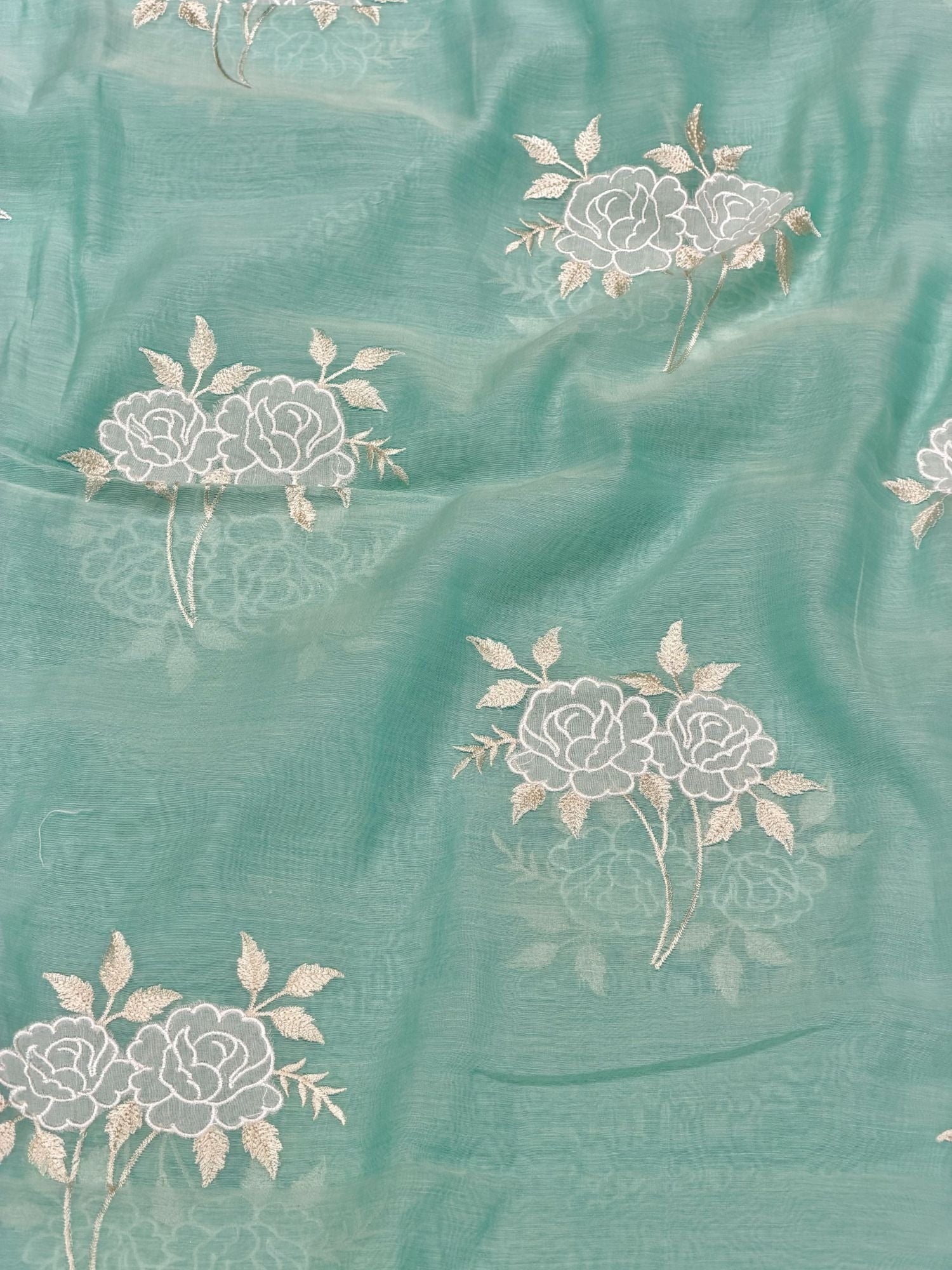 Aqua Mint Blue Mul Fabric Floral Embroidered Motif
