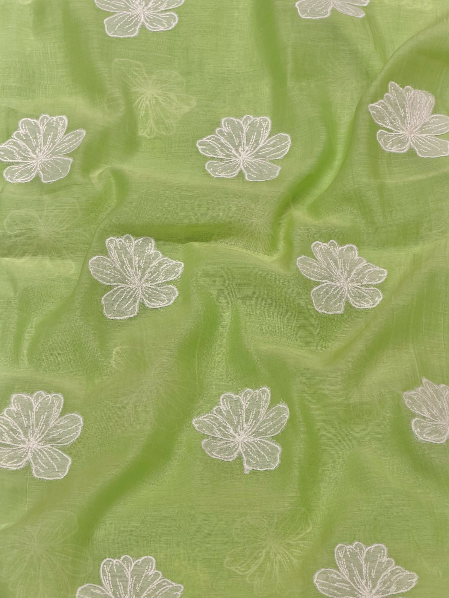 Green Mul Fabric Floral Embroidered Motif
