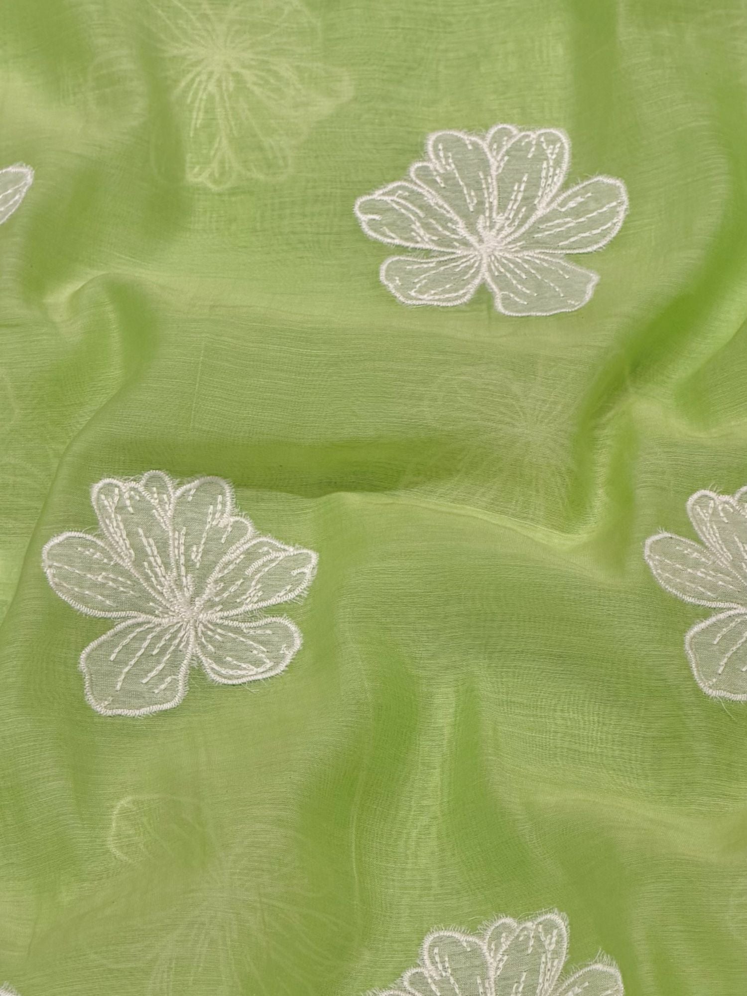 Green Mul Fabric Floral Embroidered Motif