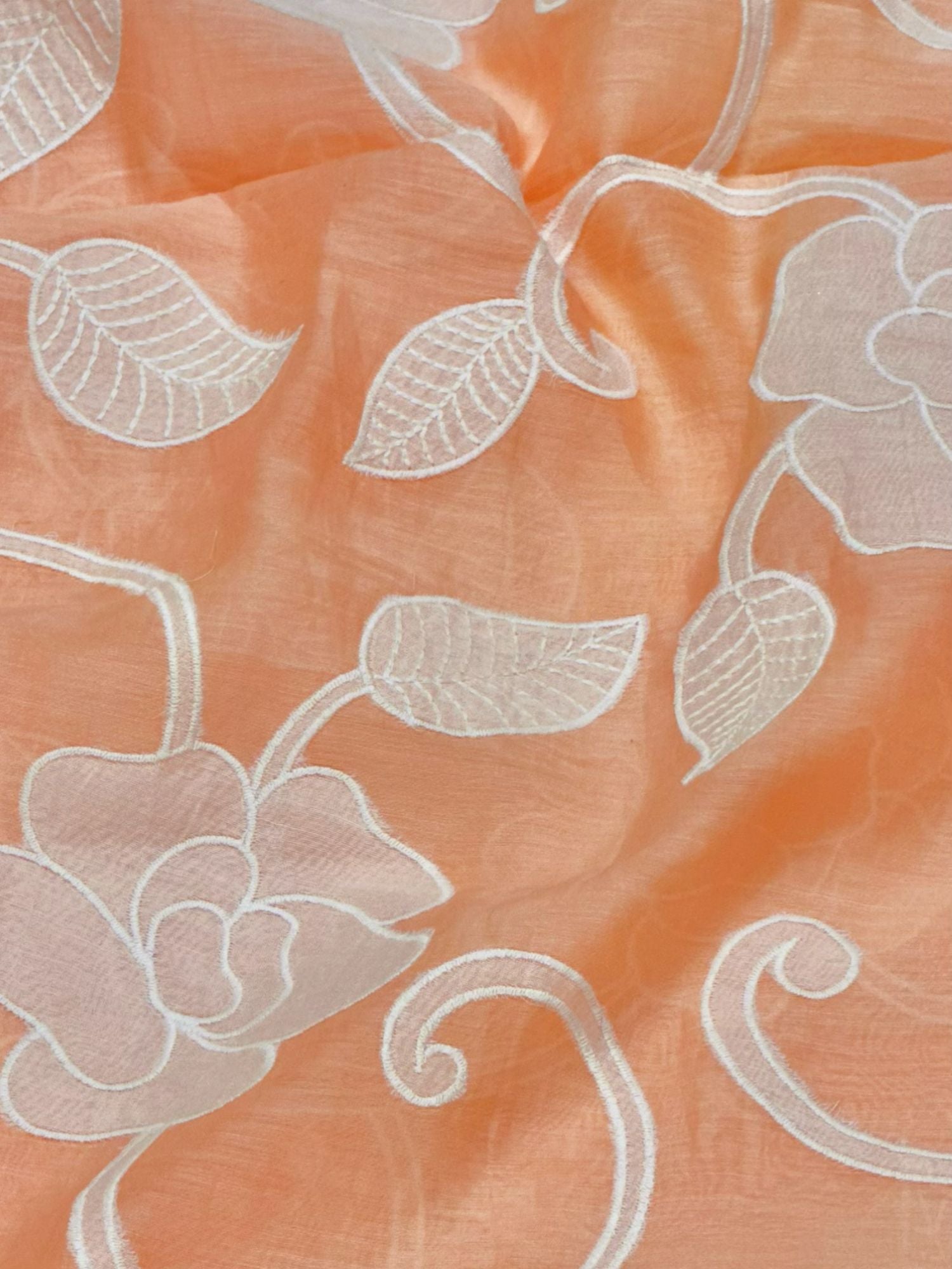 Orange Mul Fabric With White Appliqué Work