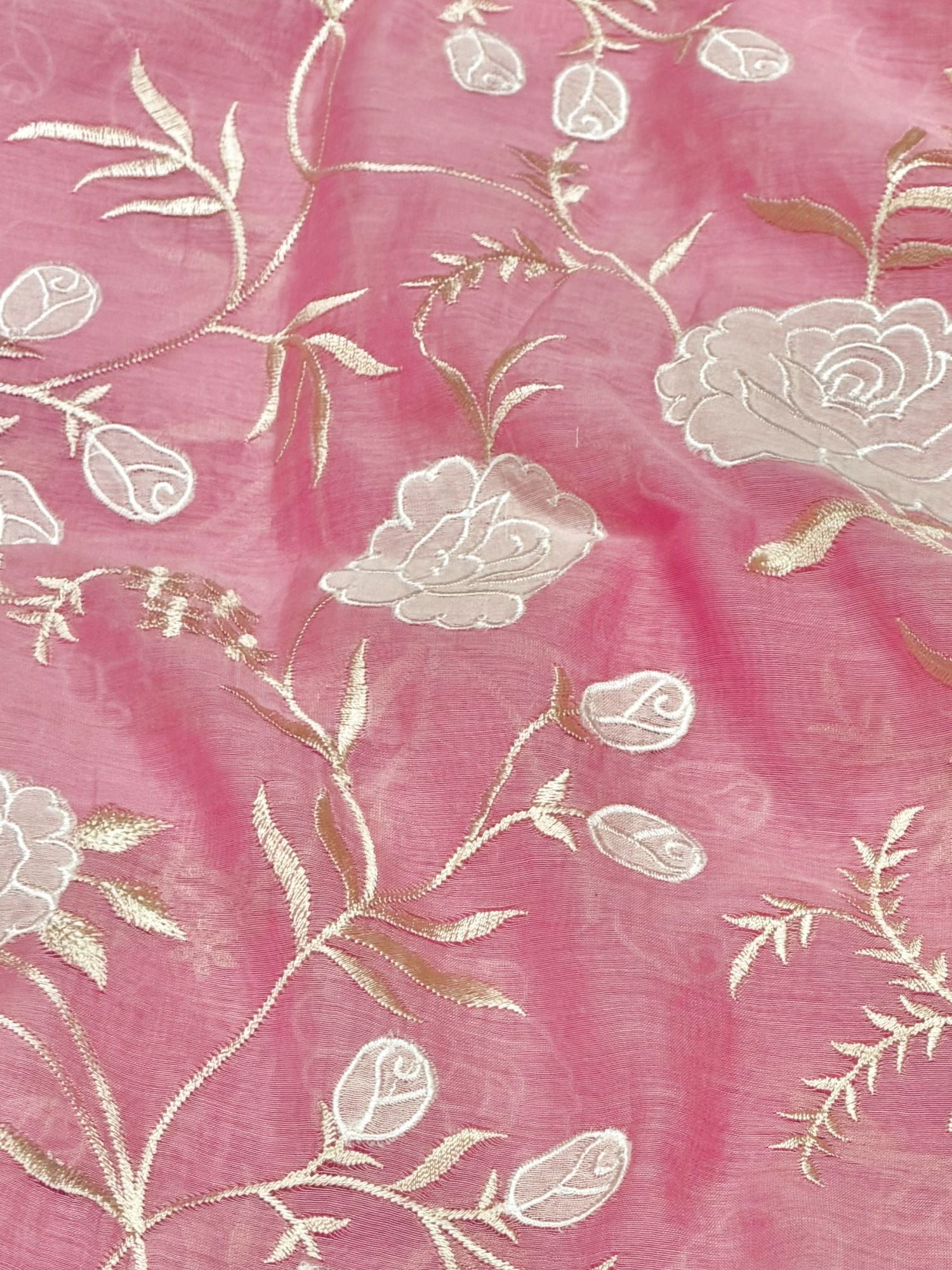 Rose Pink Mul Fabric With White Appliqué Work