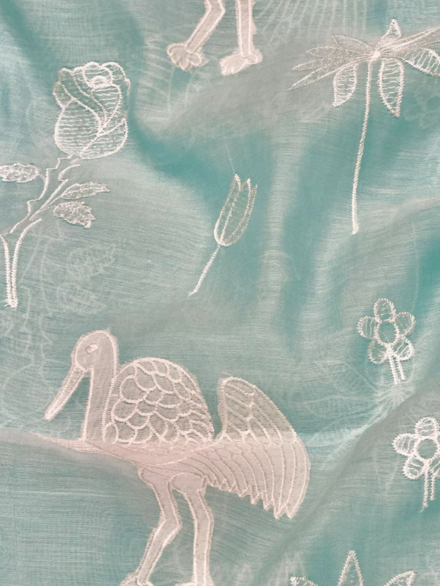 Aqua Teal Mul with Bird & Botanical Appliqué Work
