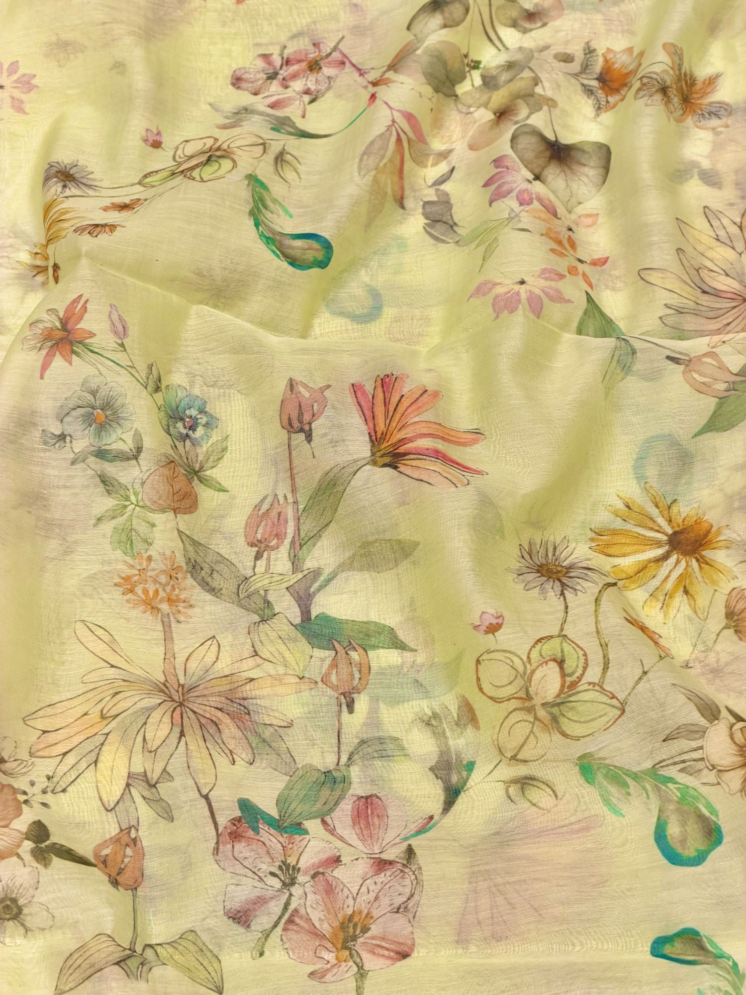 Lime Green Printed Mul Fabric