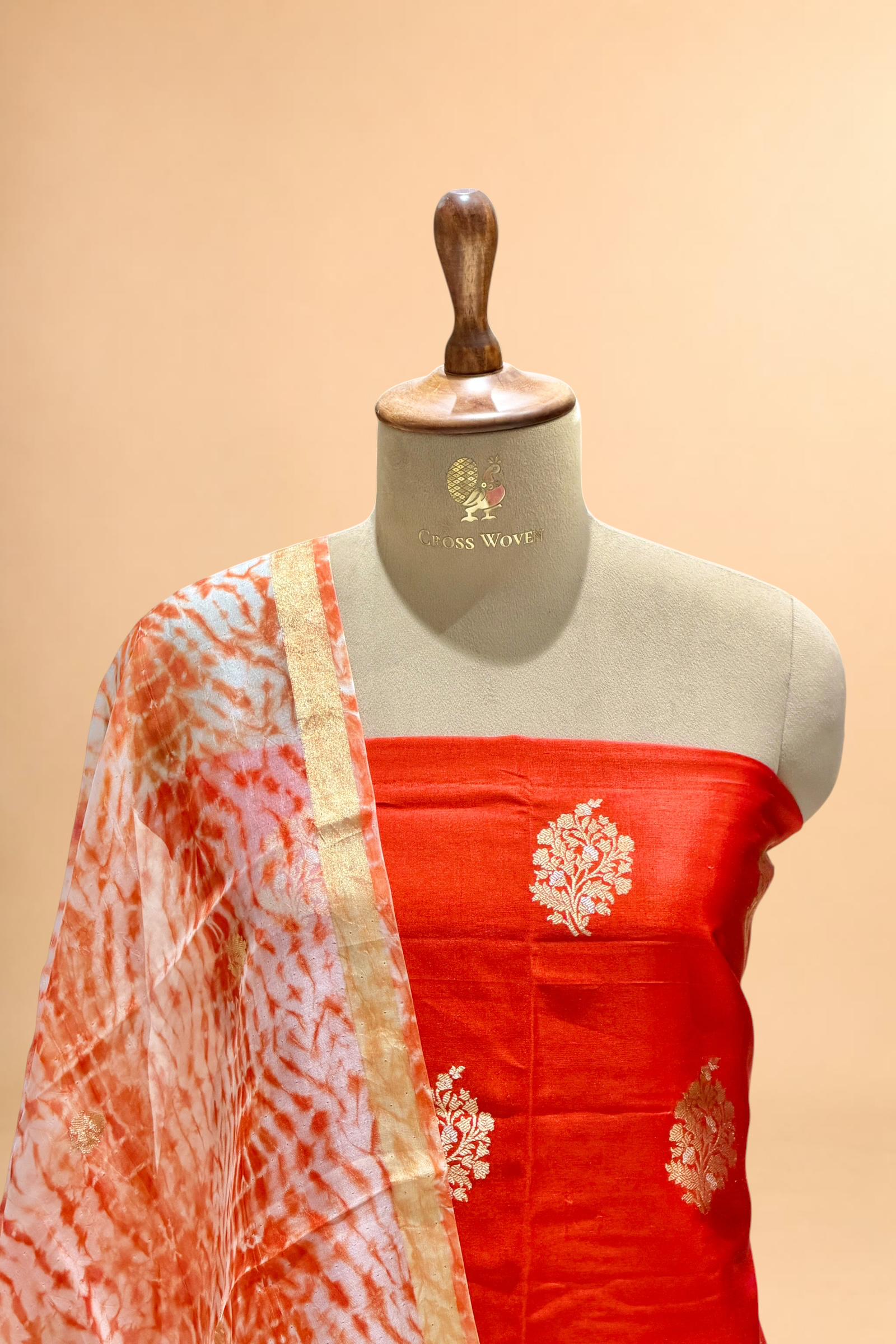 Orange Pure Soft Silk Suit Set With Organza Shibori Dye Dupatta