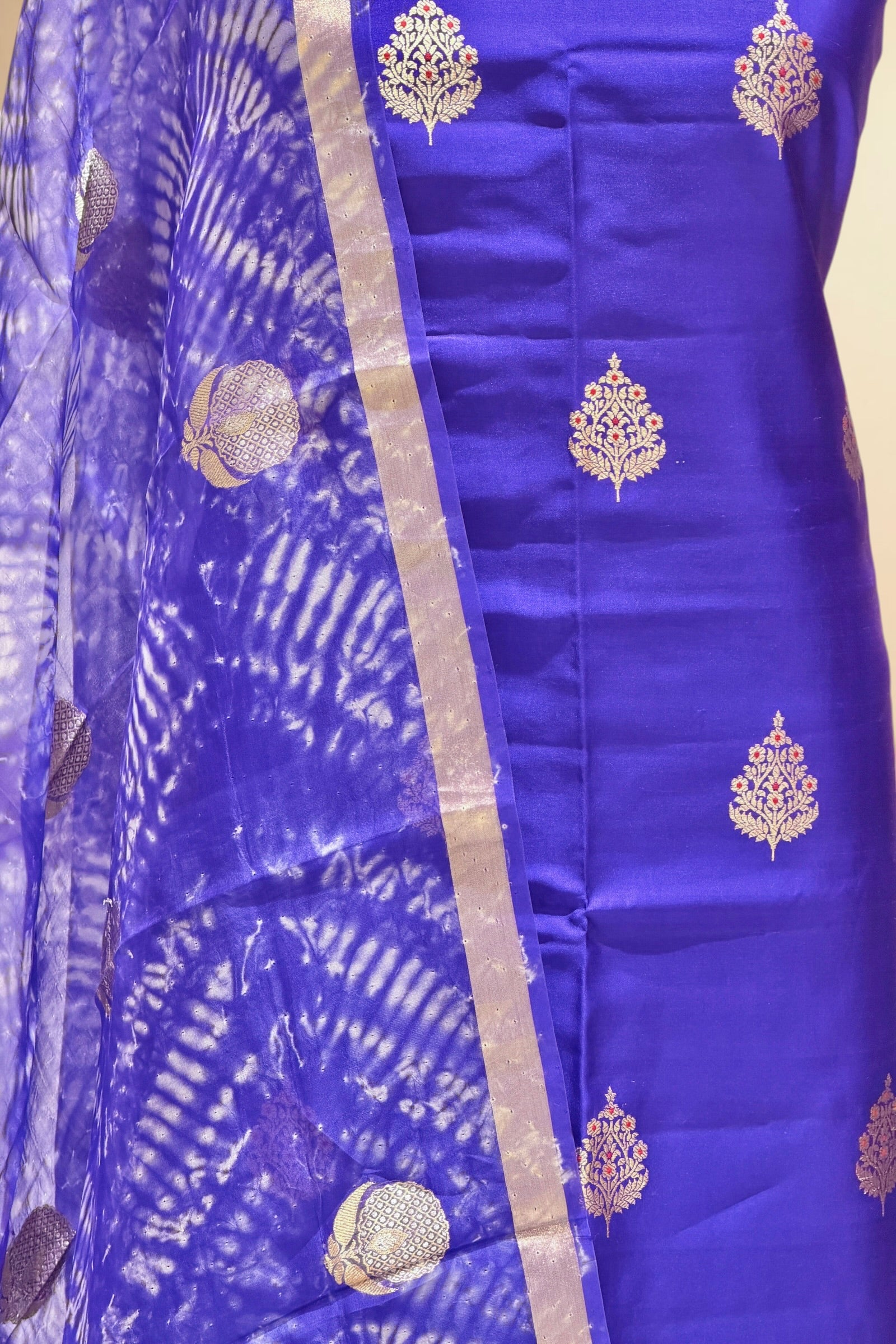 Blue Pure Soft Silk Suit Set With Organza Shibori Dye Dupatta