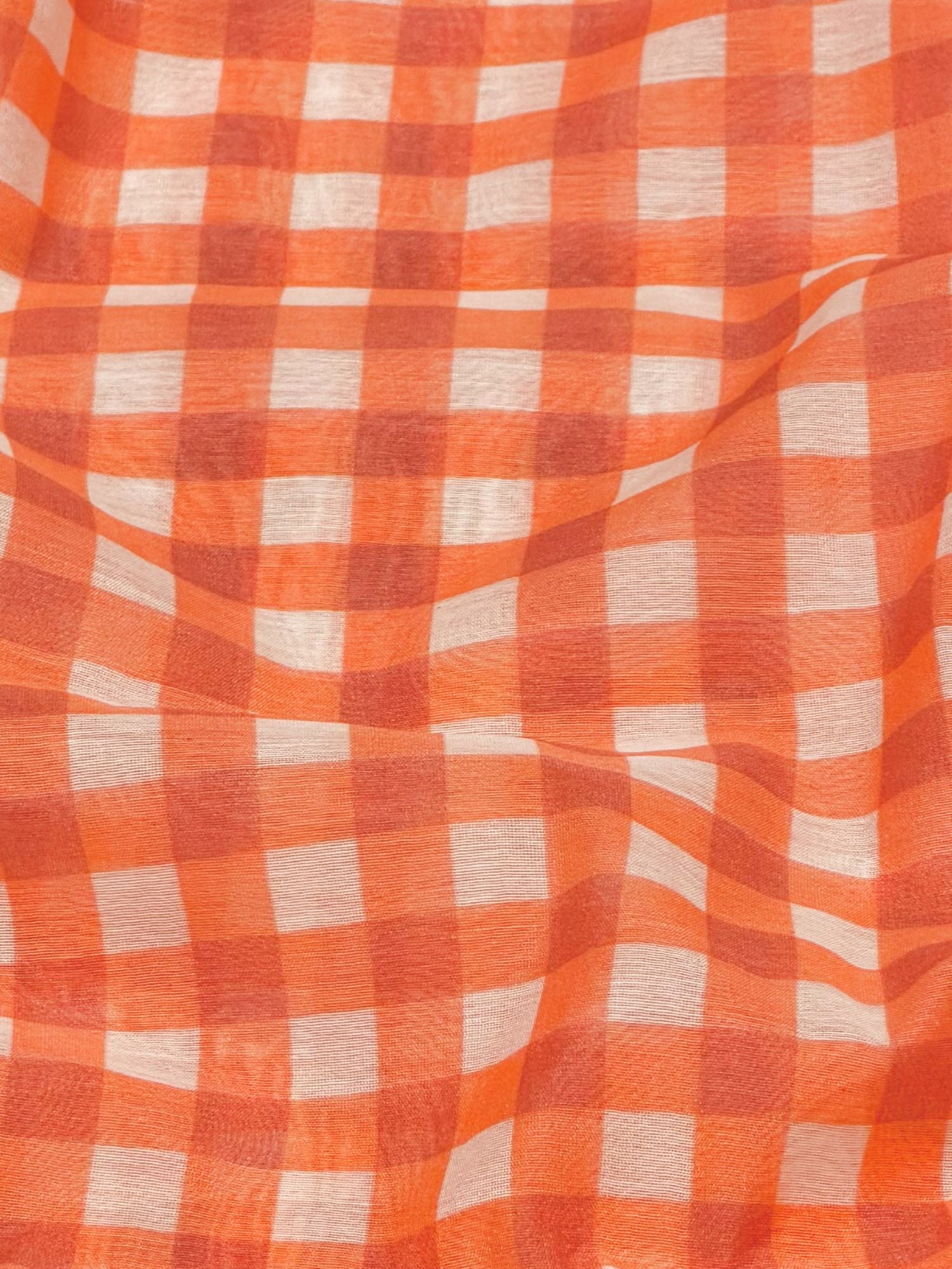 Orange Printed Mul Checkered Fabric