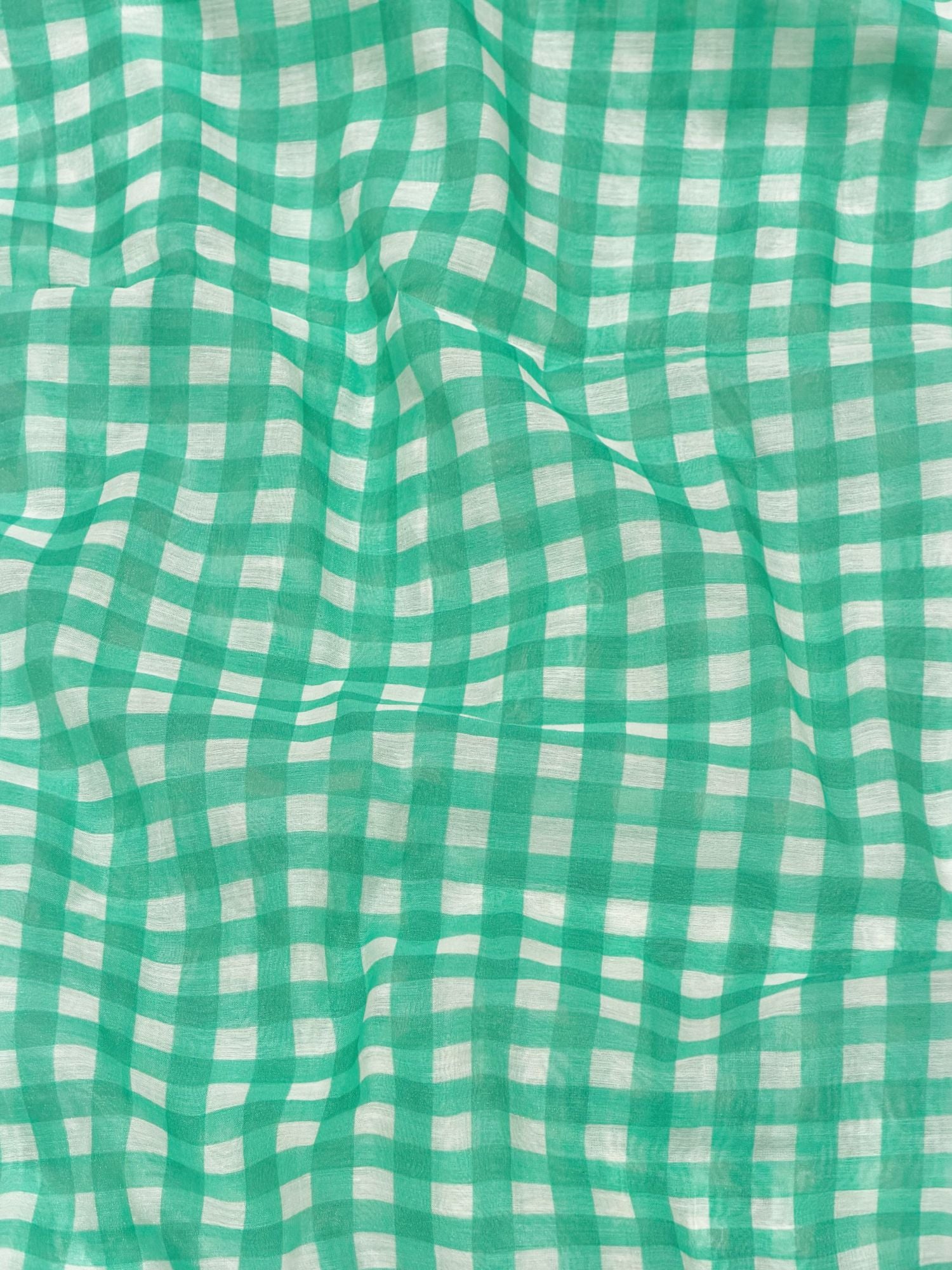 Aqua Green Printed Mul Checkered Fabric