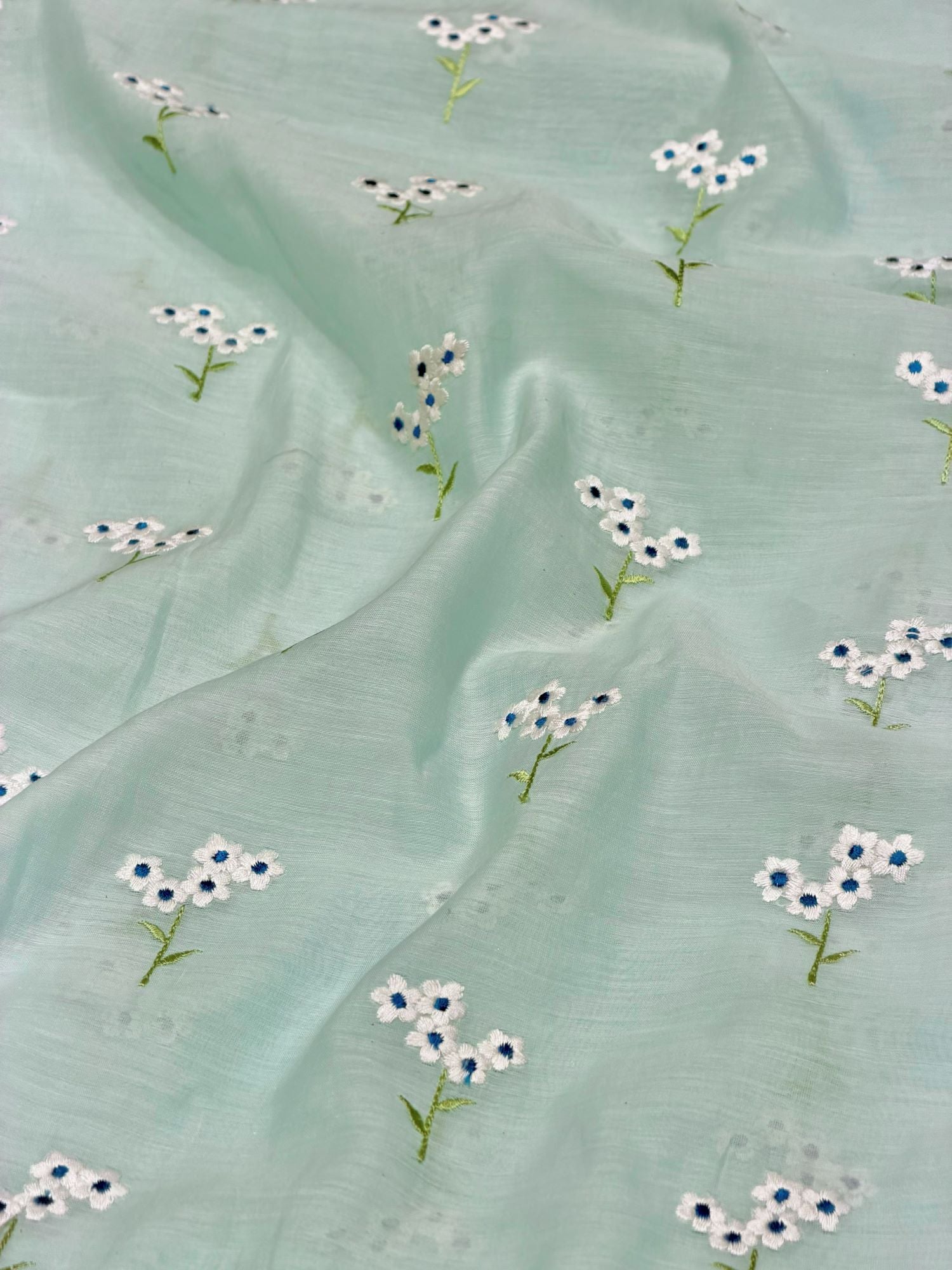 Electric Blue Mul Fabric with Floral Embroidered Motif