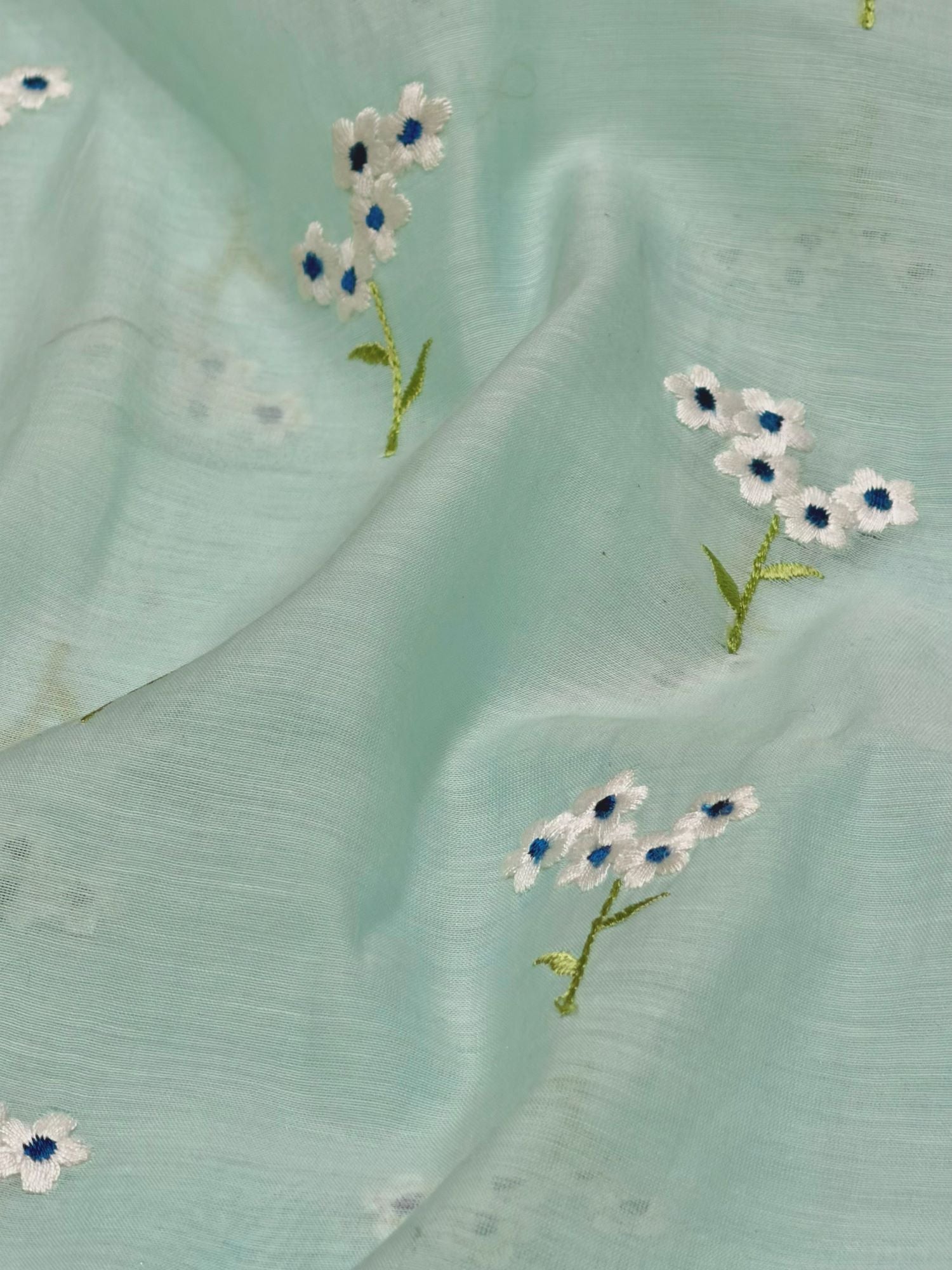 Electric Blue Mul Fabric with Floral Embroidered Motif