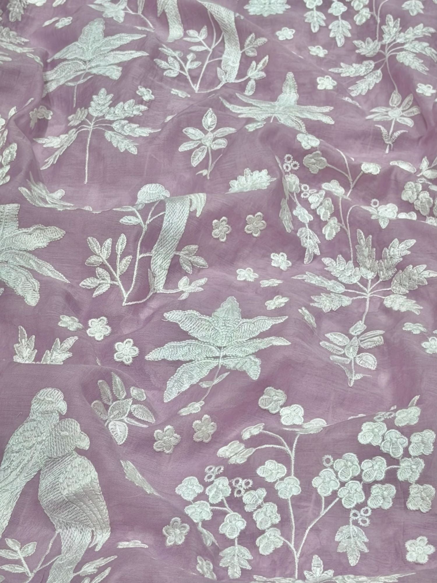 Mauve Mul Fabric with Parsi Gara Embroidered Pattern