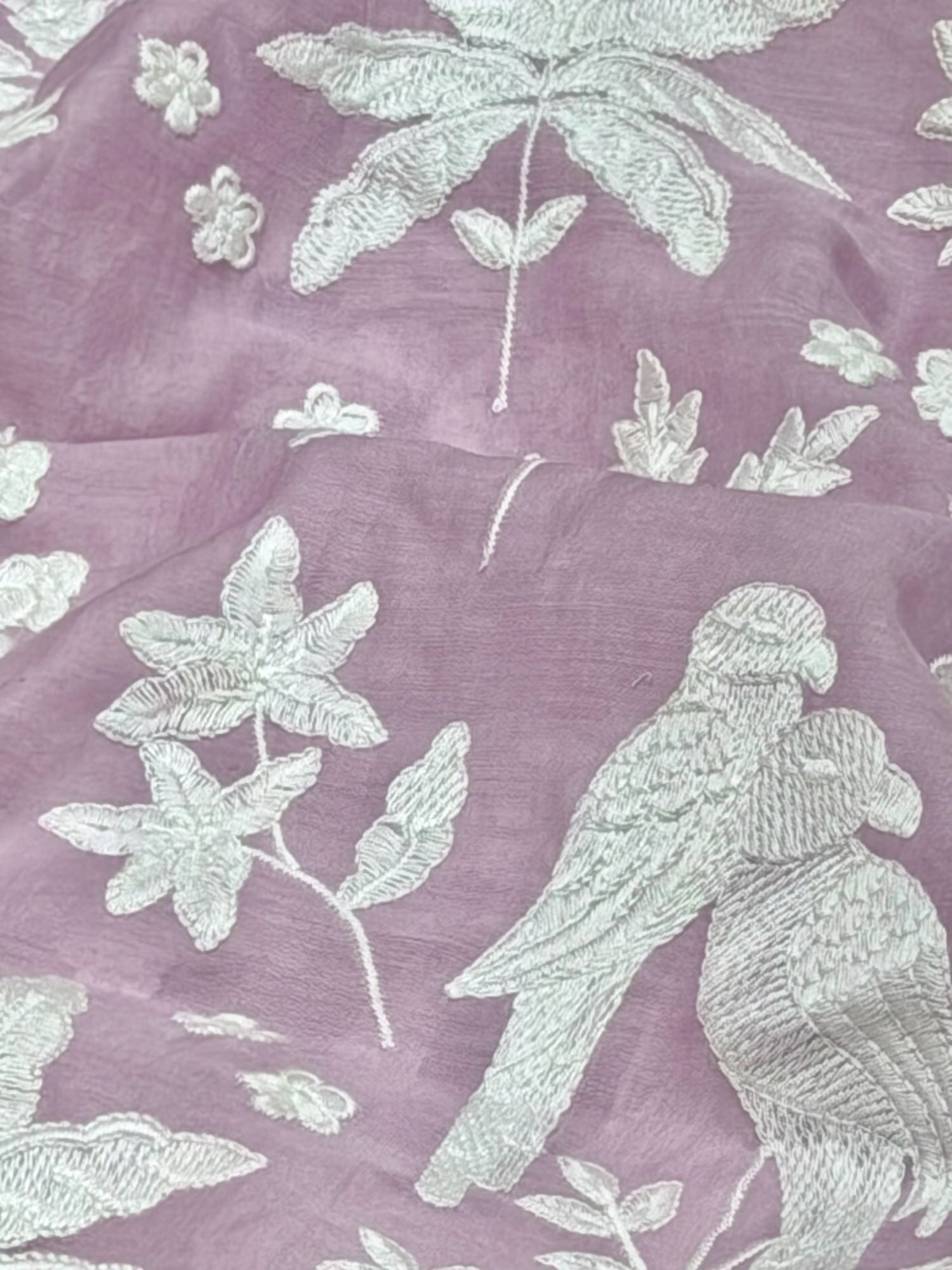 Mauve Mul Fabric with Parsi Gara Embroidered Pattern