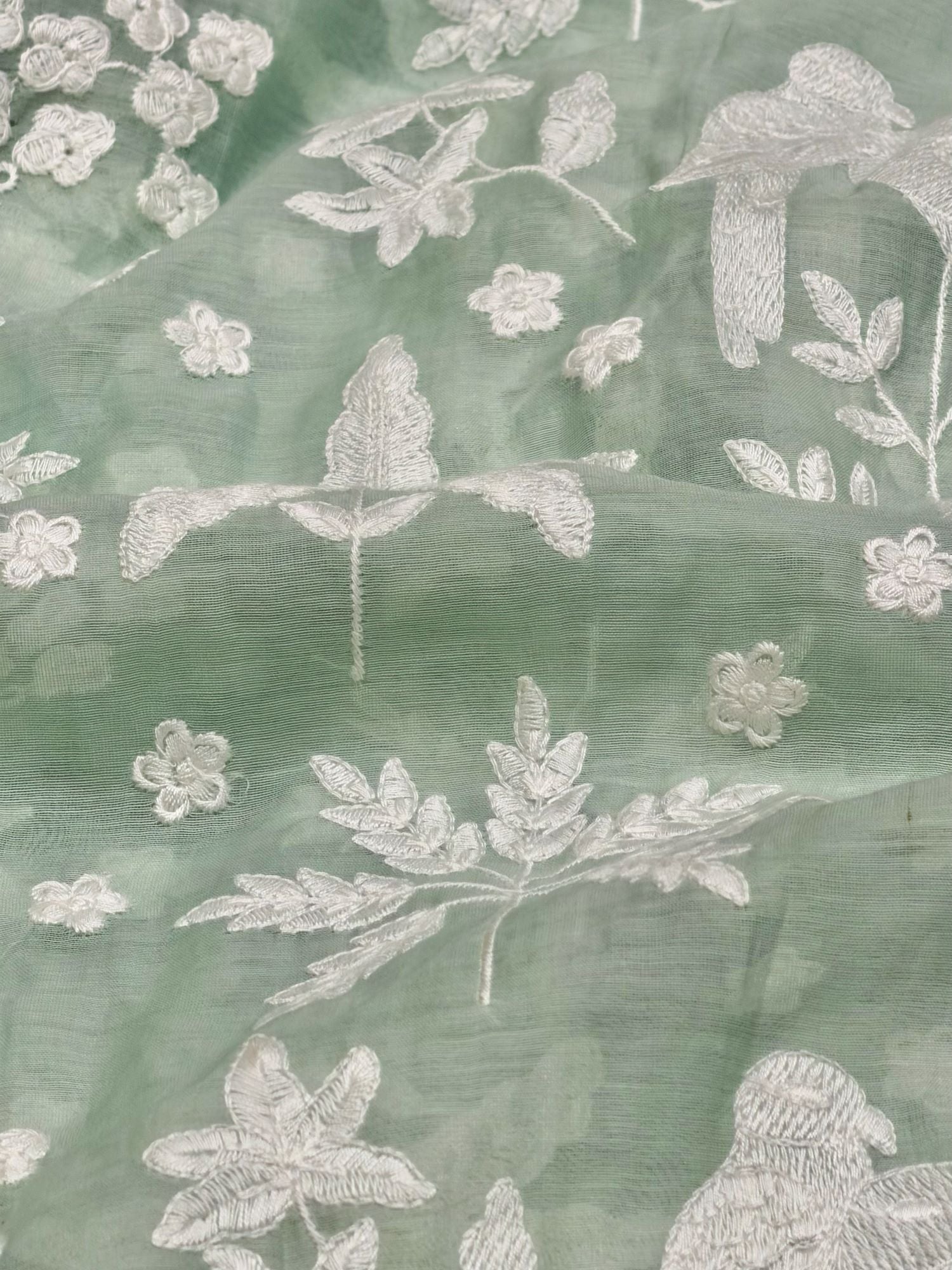 Sage Green Mul Fabric with Parsi Gara Embroidered Pattern