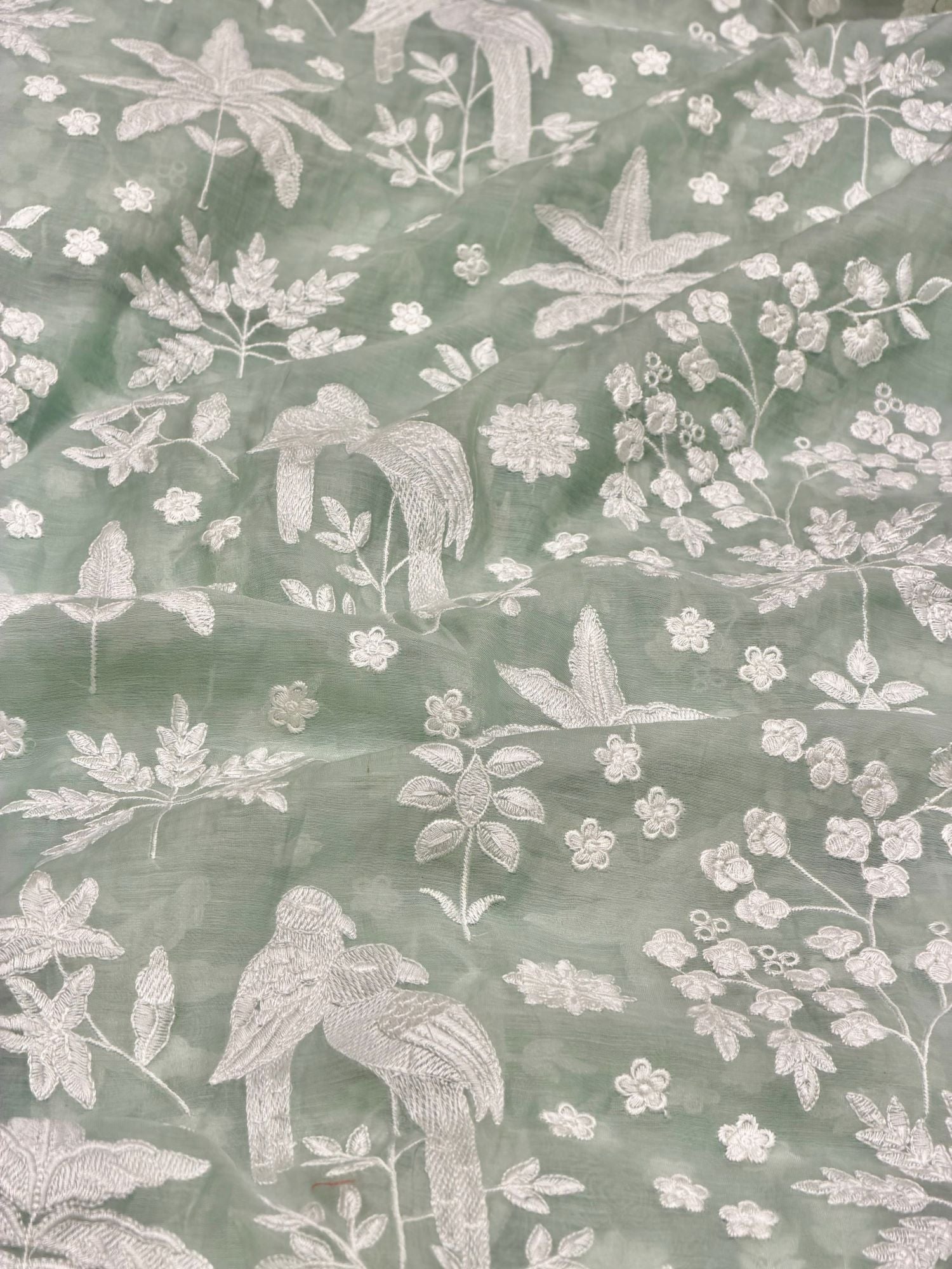 Sage Green Mul Fabric with Parsi Gara Embroidered Pattern