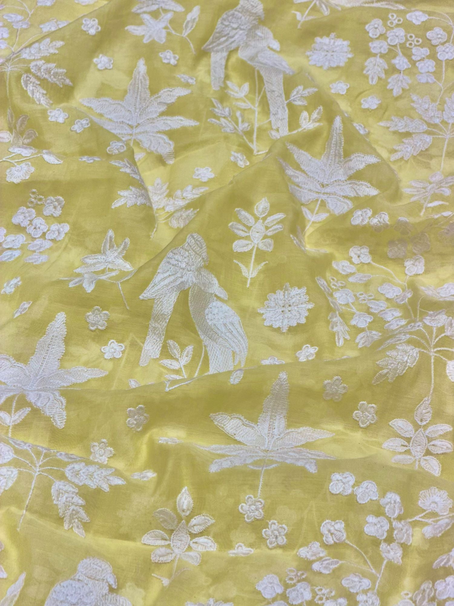 Lemon Yellow Mul Fabric with Parsi Gara Embroidered Pattern