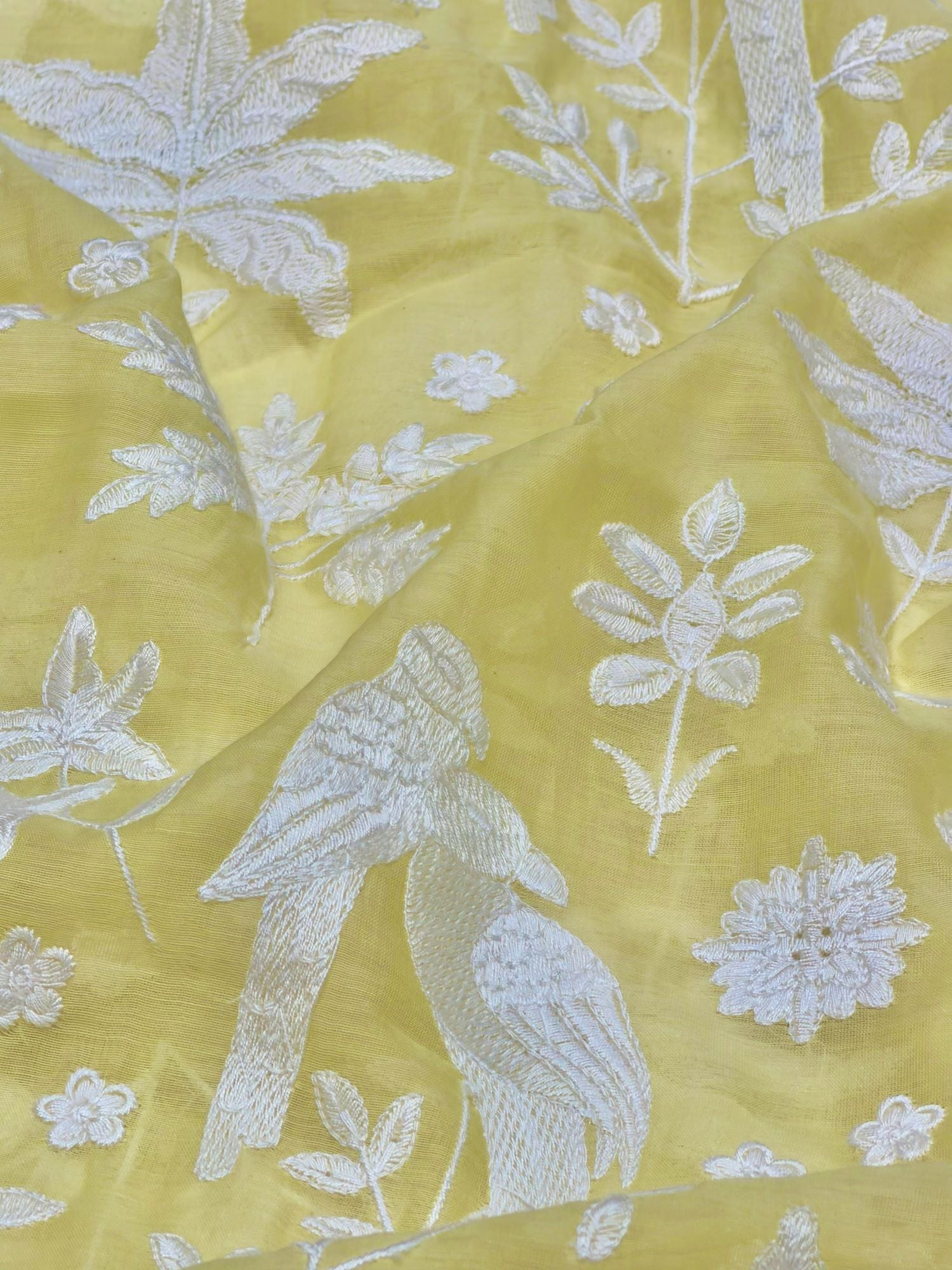 Lemon Yellow Mul Fabric with Parsi Gara Embroidered Pattern