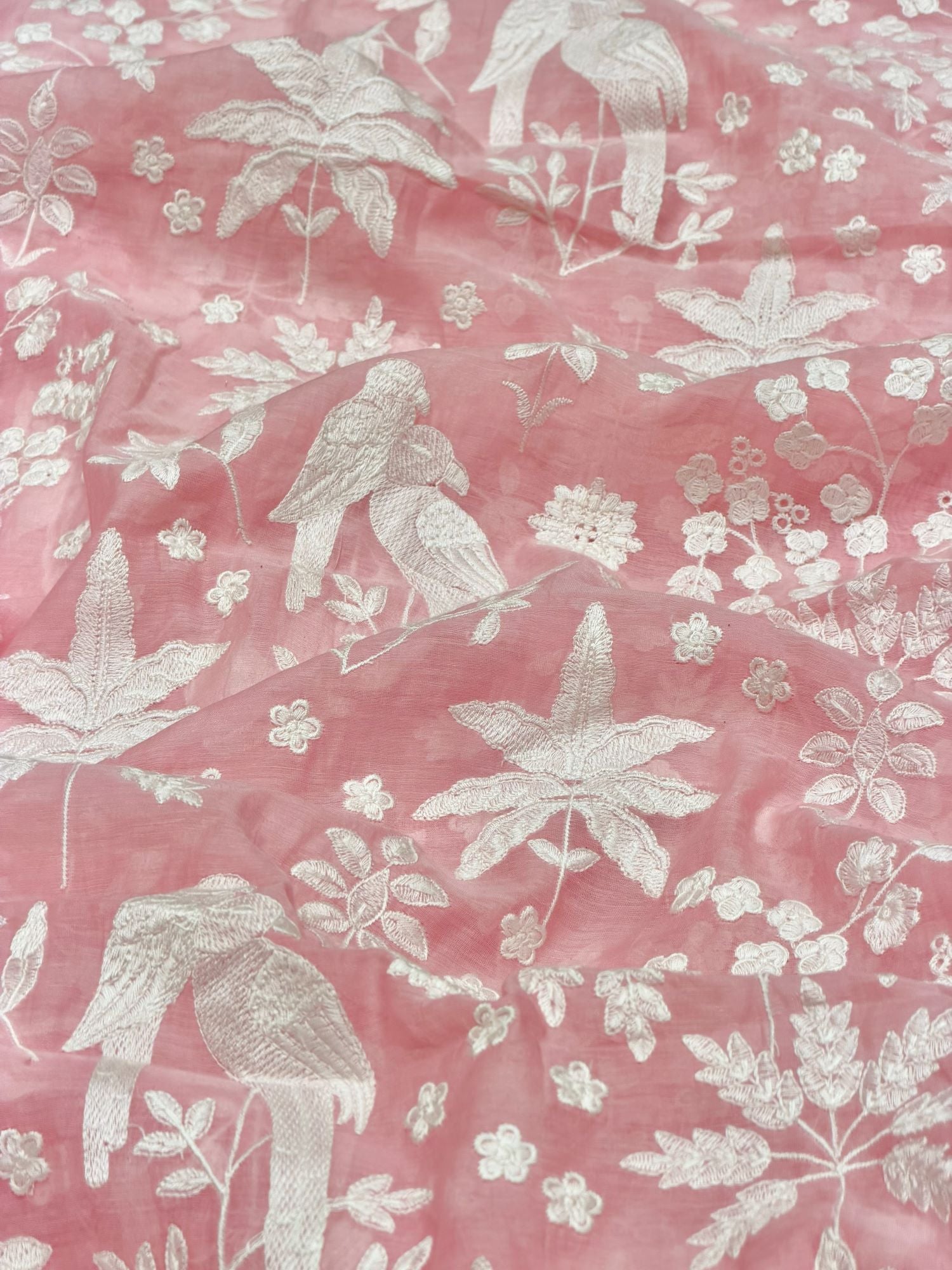Blush Pink Mul Fabric with Parsi Gara Embroidered Pattern