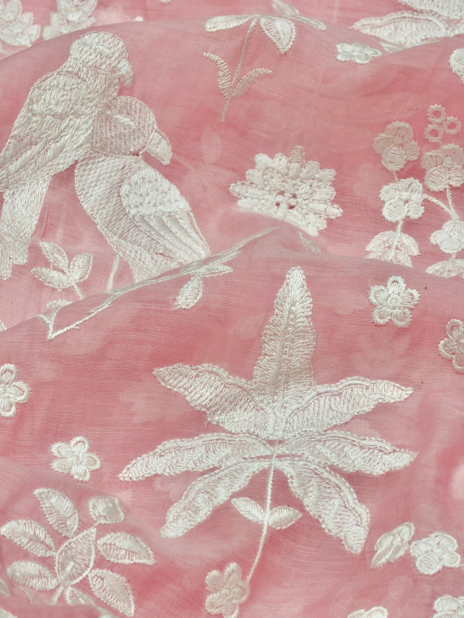 Blush Pink Mul Fabric with Parsi Gara Embroidered Pattern