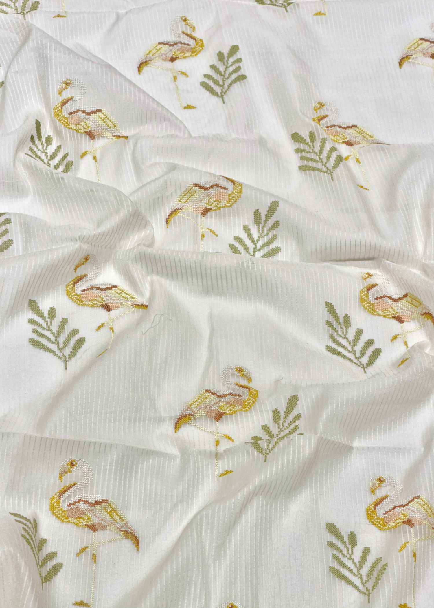 Off-White Premium Cotton Fabric With Flamingo Embroidery