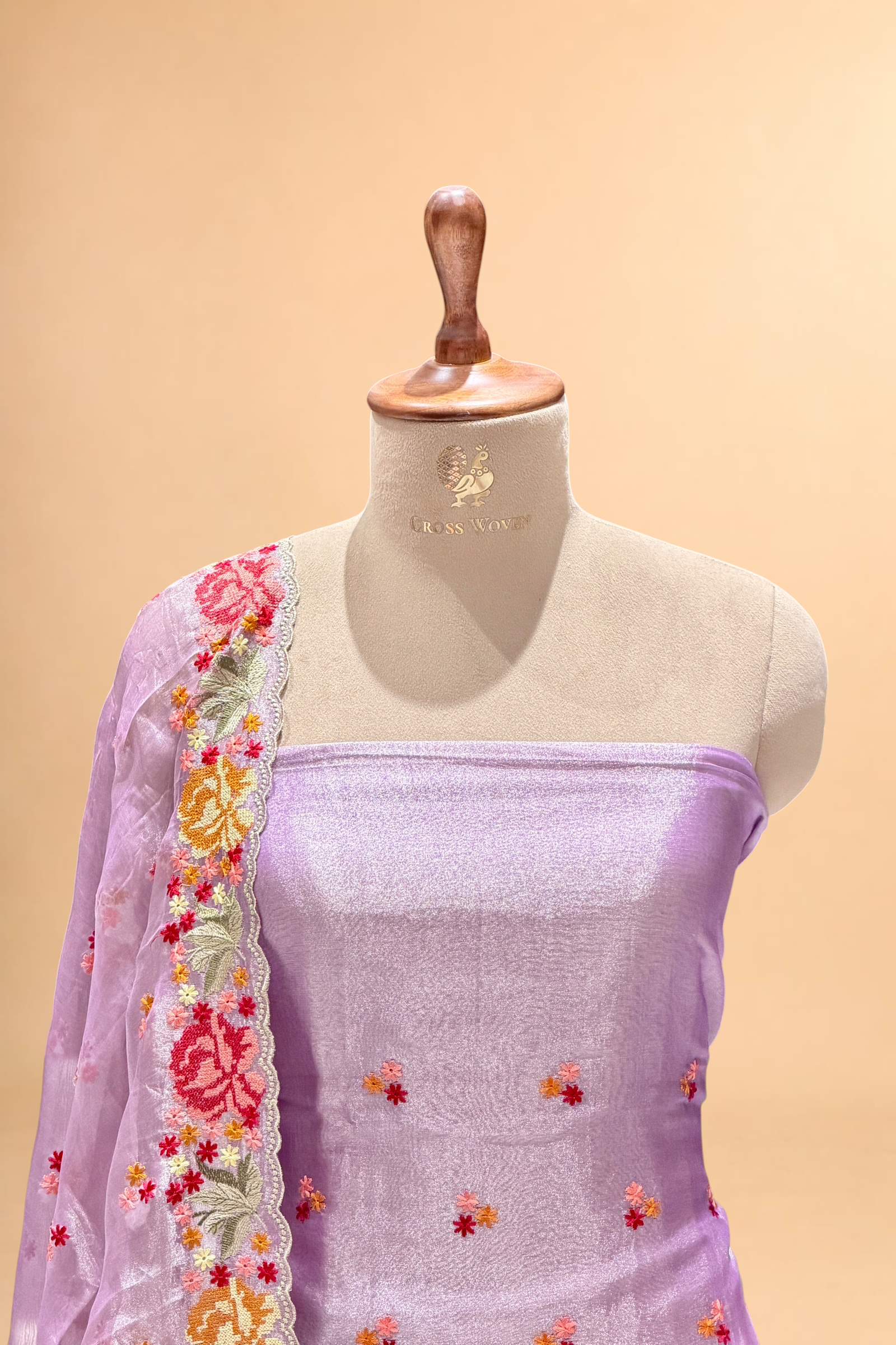 Lavender Tissue Silk Suit Set With Cross-Stitch Floral Embroidery