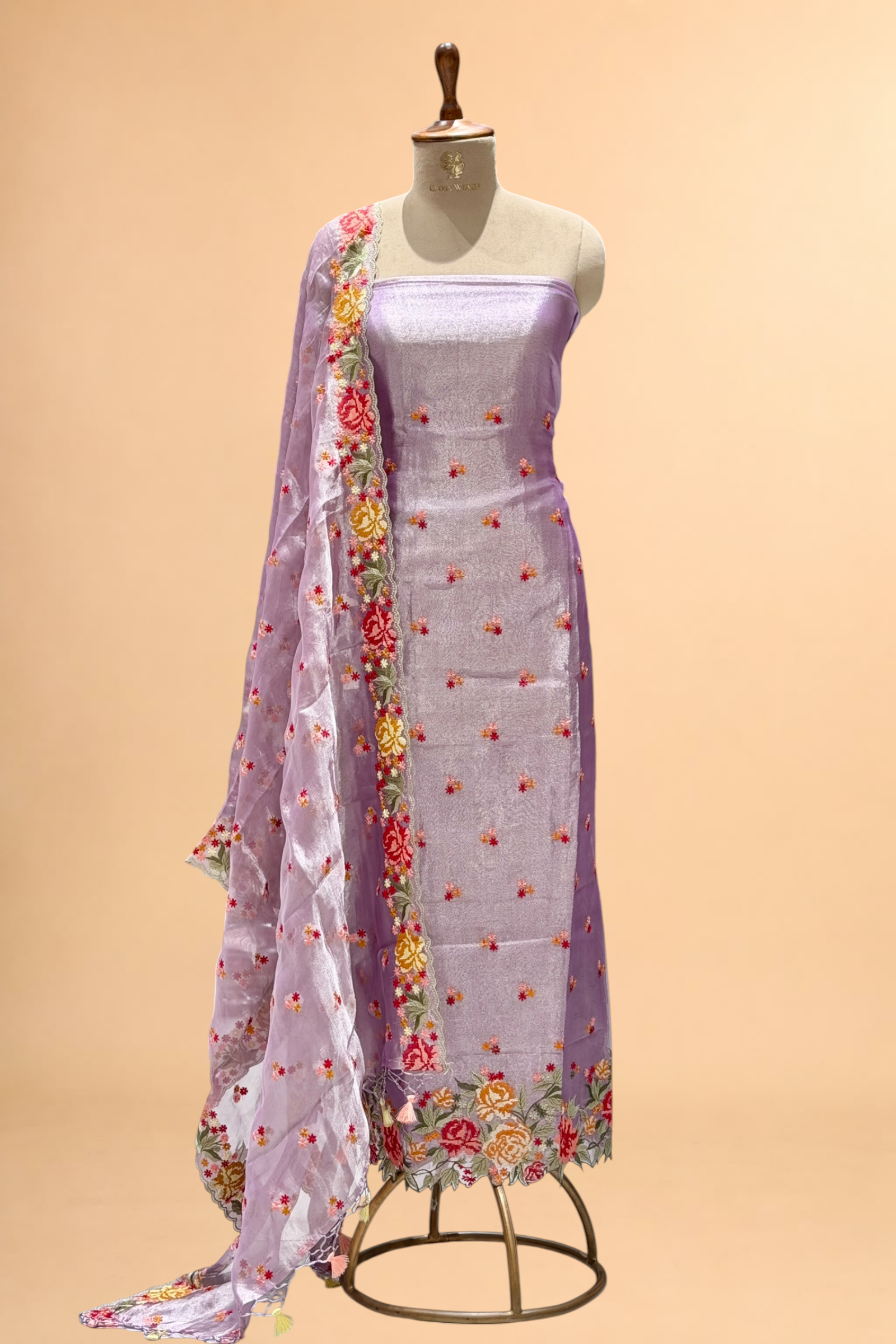 Lavender Tissue Silk Suit Set With Cross-Stitch Floral Embroidery