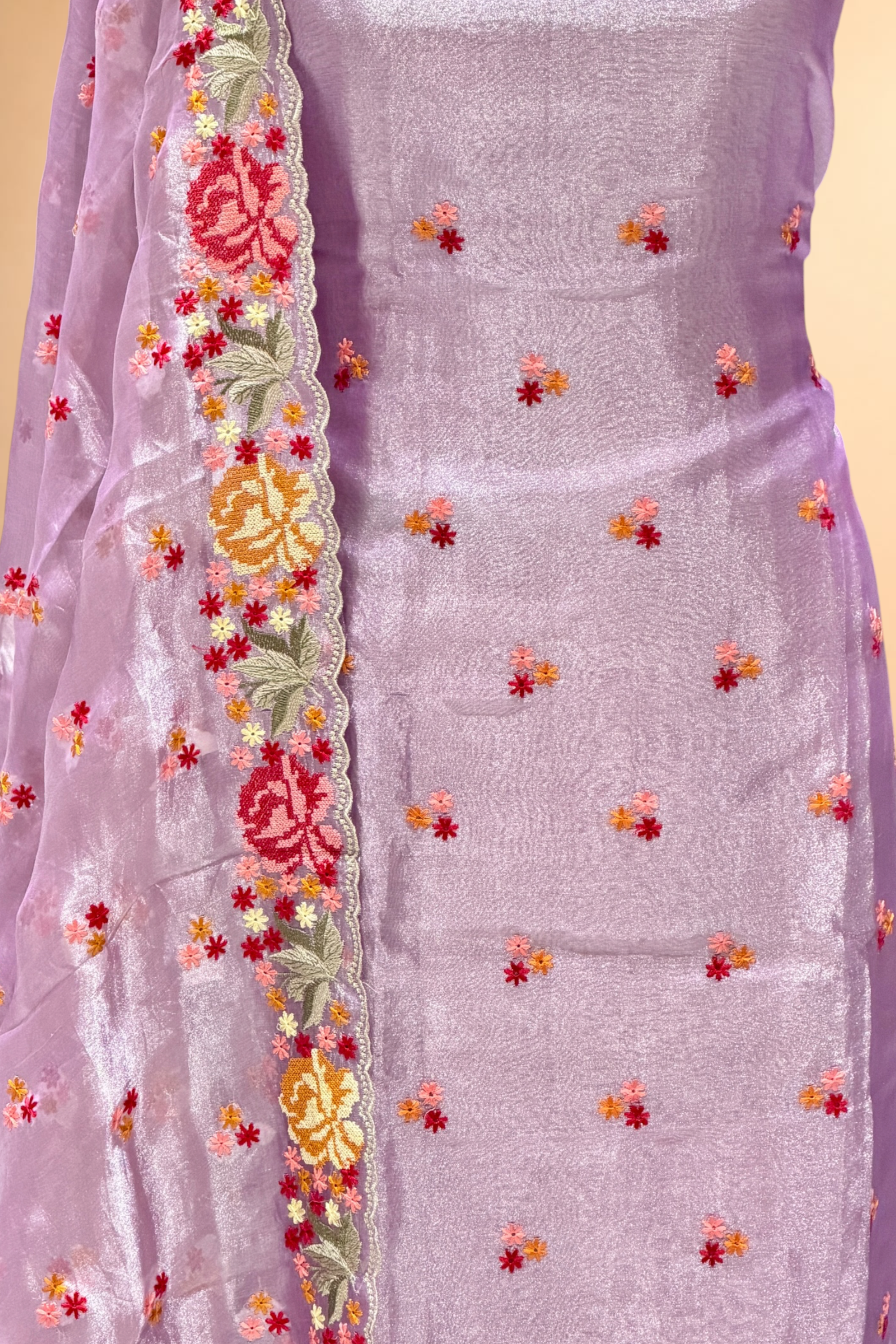 Lavender Tissue Silk Suit Set With Cross-Stitch Floral Embroidery